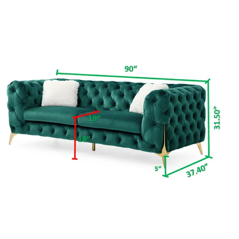Moderno Tufted Sofa Finished In Velvet Fabric In Green Green Wood Primary Living Space Modern Solid Wood Mdf Wood