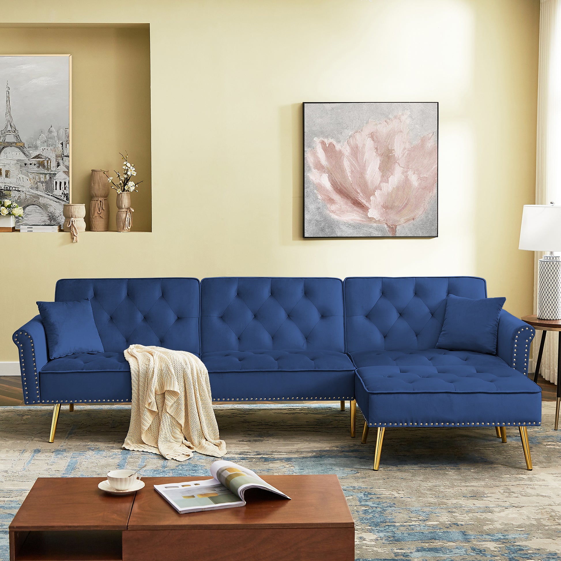 Modern Velvet Upholstered Reversible Sectional Sofa Bedl Shaped Couch With Movable Ottoman And Trim For Living Room. Blue Blue Velvet Wood Tufted Back Foam Velvet 3 Seat