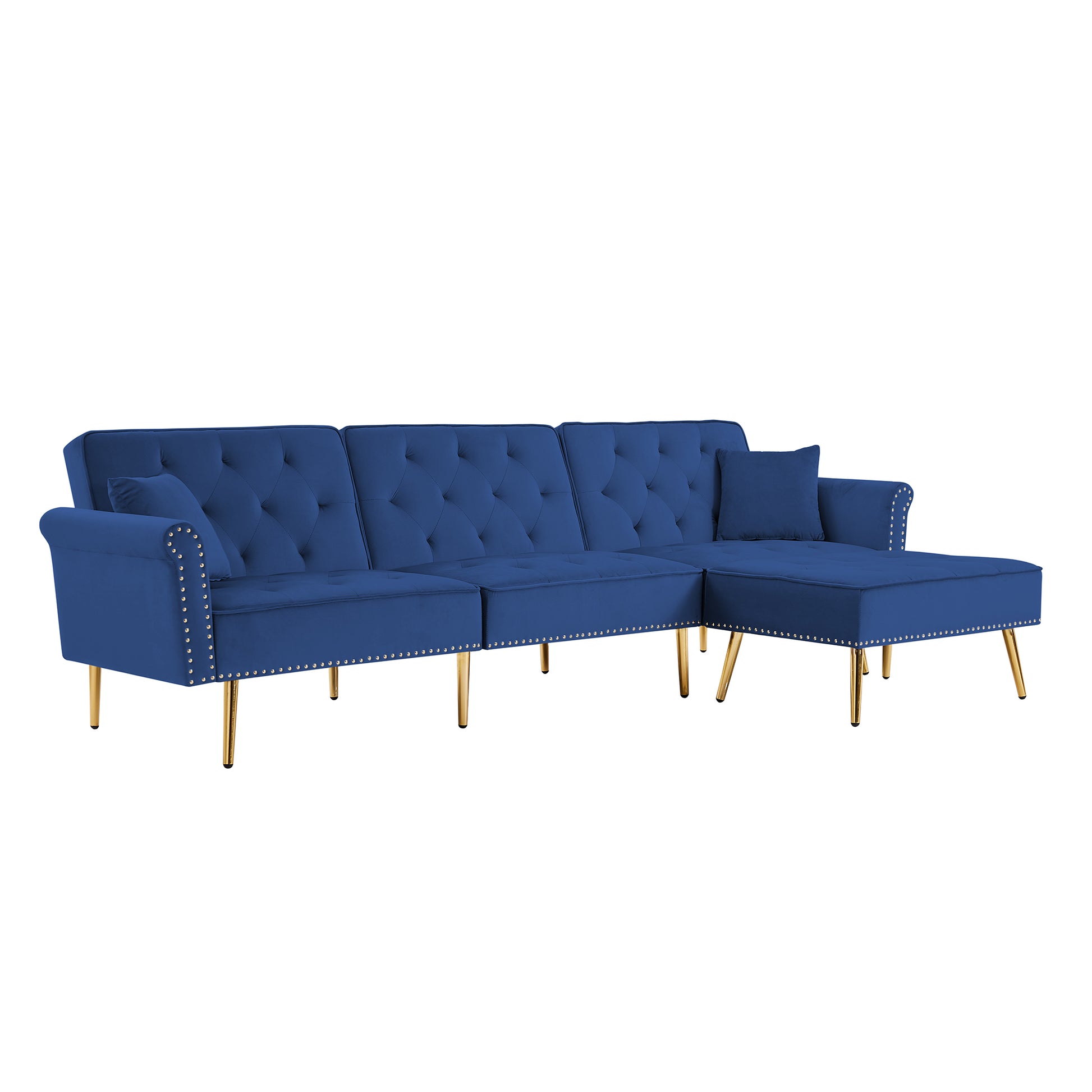 Modern Velvet Upholstered Reversible Sectional Sofa Bedl Shaped Couch With Movable Ottoman And Trim For Living Room. Blue Blue Velvet Wood Tufted Back Foam Velvet 3 Seat