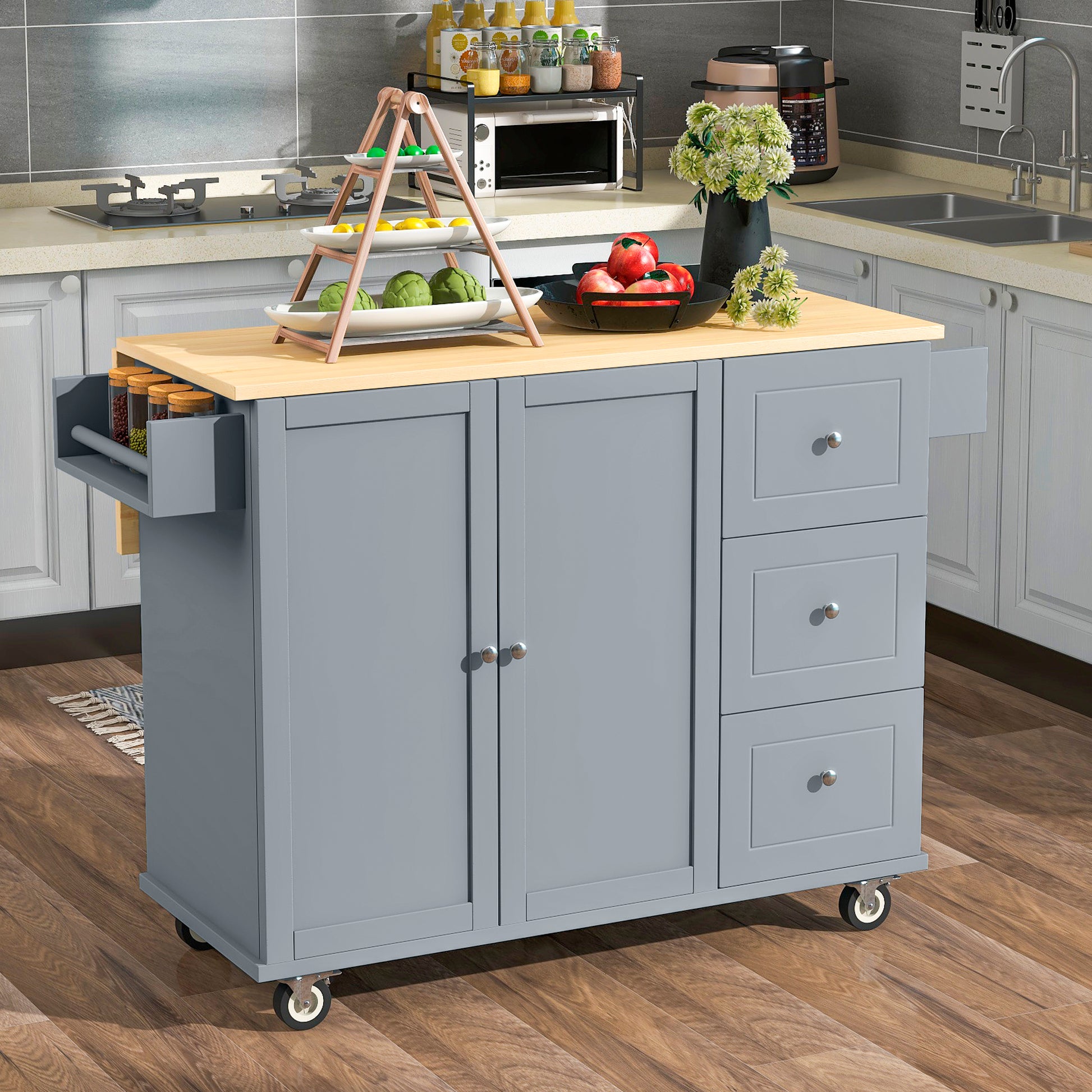 Rolling Mobile Kitchen Island With Solid Wood Top And Locking Wheels,52.7 Inch Width,Storage Cabinet And Drop Leaf Breakfast Bar,Spice Rack, Towel Rack & Drawer Grey Blue Blue Grey Mdf