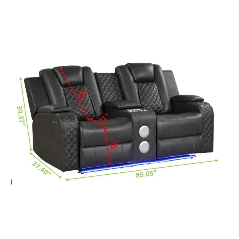 Benz Led & Power Reclining Loveseat Made With Faux Leather In Black Black Faux Leather Metal Primary Living Space Medium Soft Cushion Back Contemporary,Modern Solid Wood Mdf Faux Leather