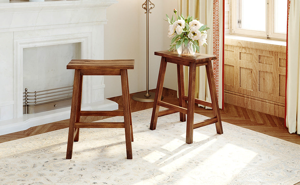 Farmhouse Rustic 2 Piece Counter Height Wood Kitchen Dining Stools For Small Places, Walnut Acacia Wood Walnut Dining Room Rectangular Farmhouse,Rustic Rubberwood Solid Wood