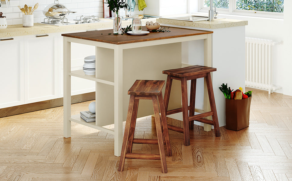 Solid Wood Rustic 3 Piece 45" Stationary Kitchen Island Set With 2 Seatings, Rubber Wood Butcher Block Dining Table Set Prep Table Set With 2 Open Shelves For Small Places,Walnut Cream White Wood Wood Walnut Seats 2 Wood Dining Room Rustic Rubberwood