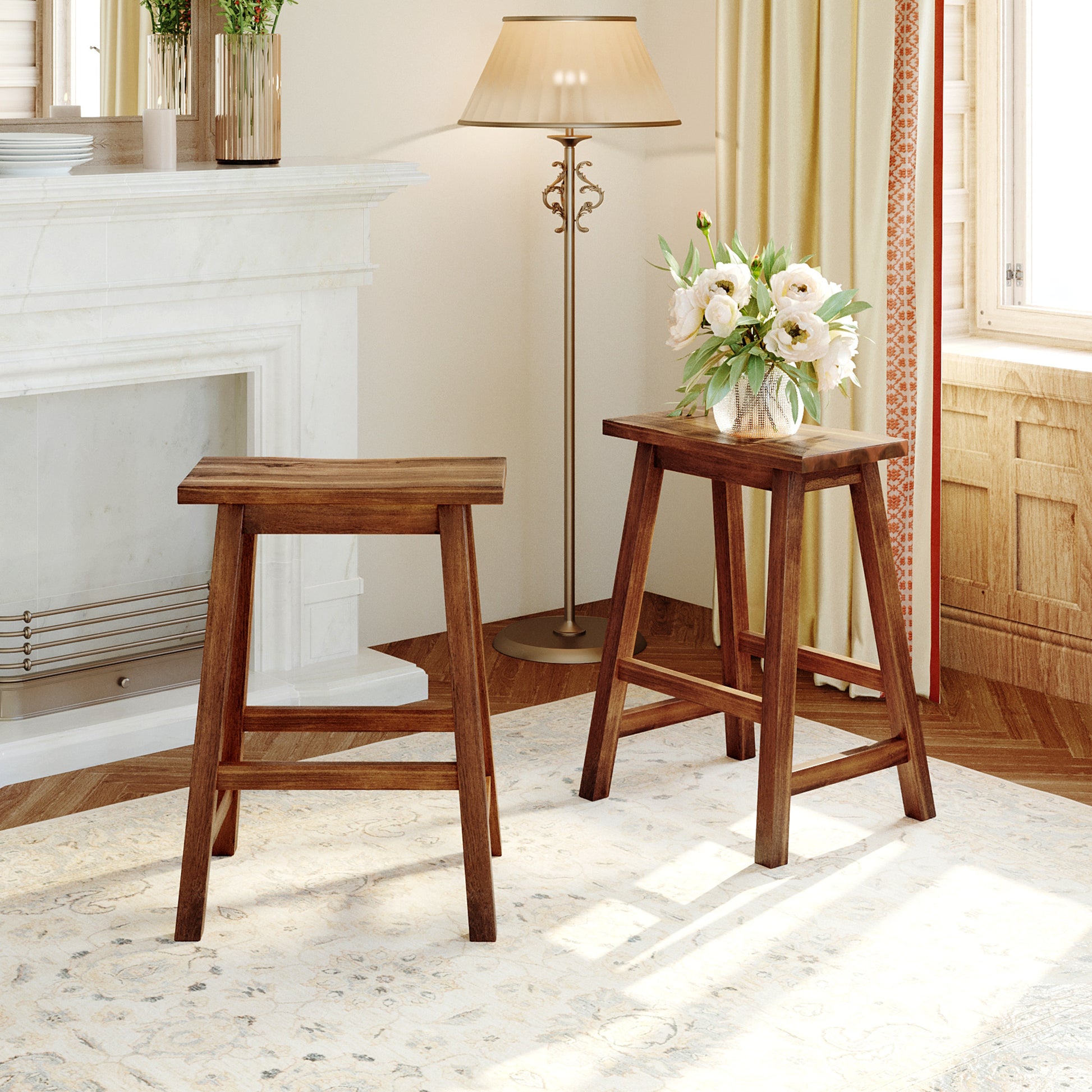 Farmhouse Rustic 2 Piece Counter Height Wood Kitchen Dining Stools For Small Places, Walnut Acacia Wood Walnut Dining Room Rectangular Farmhouse,Rustic Rubberwood Solid Wood