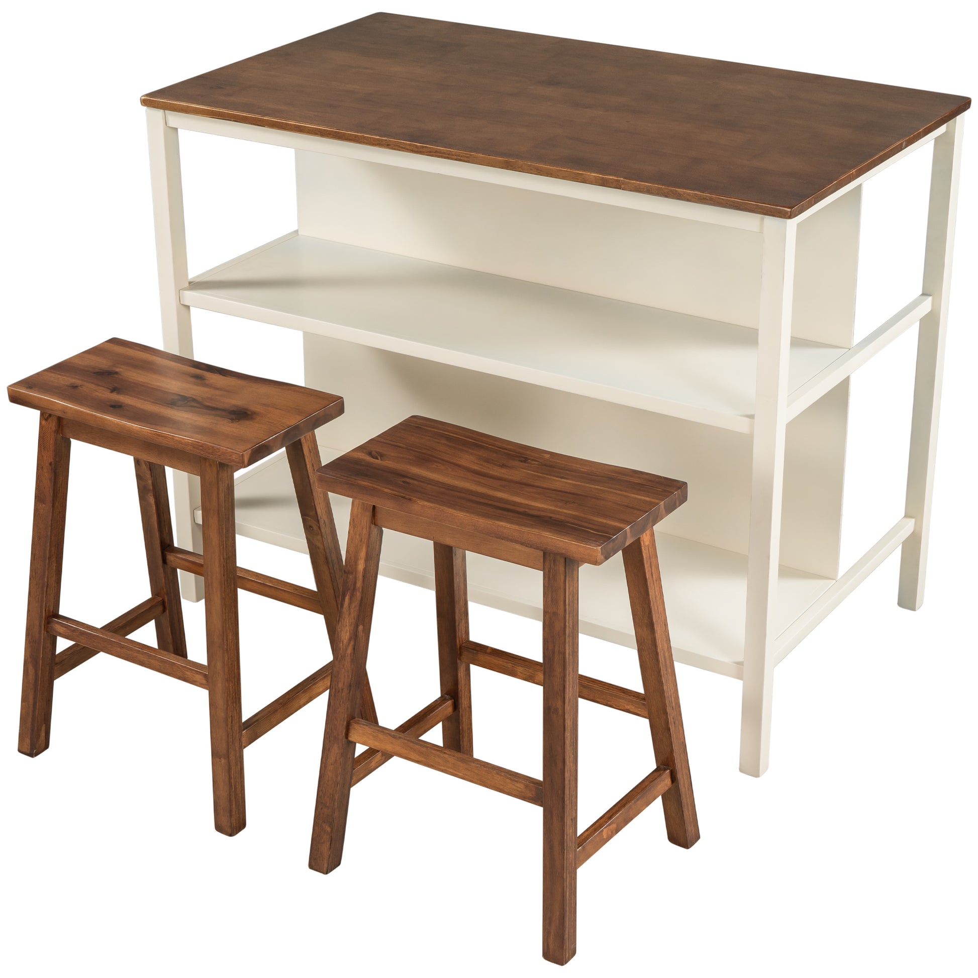 Solid Wood Rustic 3 Piece 45" Stationary Kitchen Island Set With 2 Seatings, Rubber Wood Butcher Block Dining Table Set Prep Table Set With 2 Open Shelves For Small Places,Walnut Cream White Wood Wood Walnut Seats 2 Wood Dining Room Rustic Rubberwood