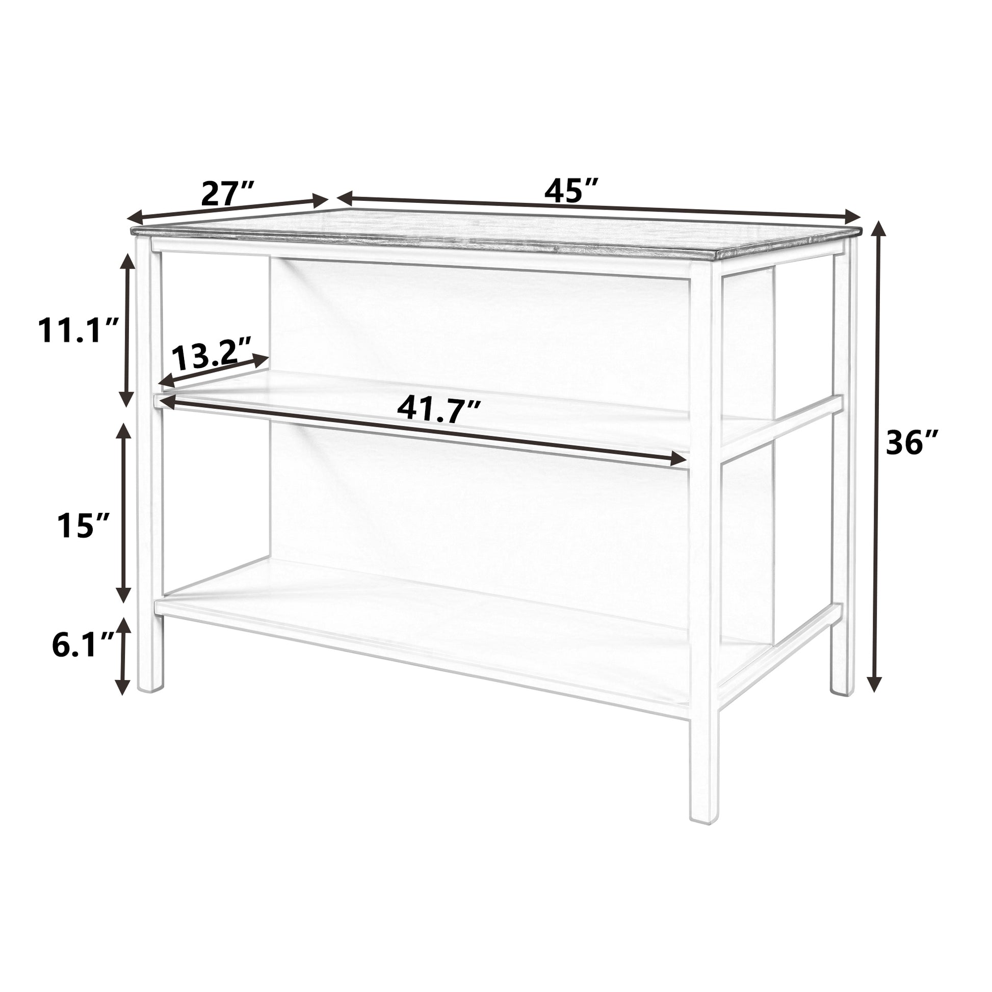 Solid Wood Rustic 45" Stationary Kitchen Island, Rubber Wood Butcher Block Dining Table Prep Table With 2 Open Shelves For Small Places,Walnut Cream White Walnut Dining Room Rustic Rectangular Kitchen Carts Rubberwood Solid Wood Medium 40 55In