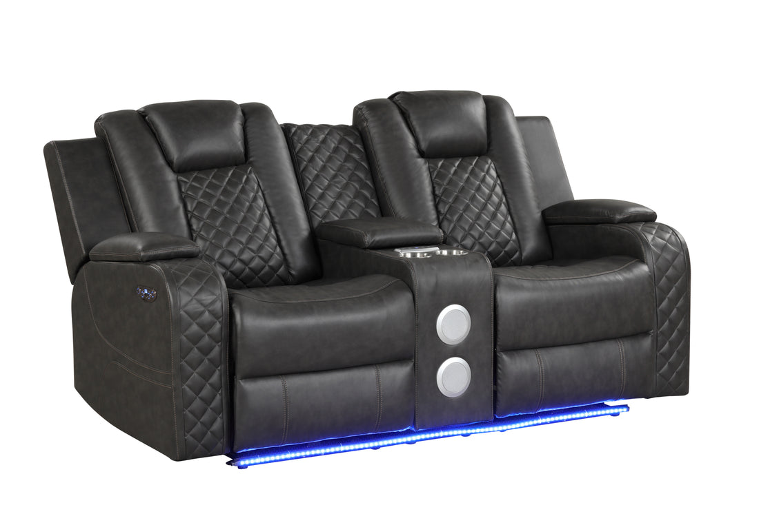 Benz Led & Power Reclining Loveseat Made With Faux Leather In Black Black Faux Leather Metal Primary Living Space Medium Soft Cushion Back Contemporary,Modern Solid Wood Mdf Faux Leather