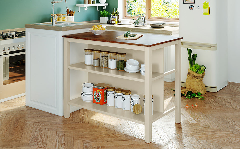 Solid Wood Rustic 3 Piece 45" Stationary Kitchen Island Set With 2 Seatings, Rubber Wood Butcher Block Dining Table Set Prep Table Set With 2 Open Shelves For Small Places,Walnut Cream White Wood Wood Walnut Seats 2 Wood Dining Room Rustic Rubberwood