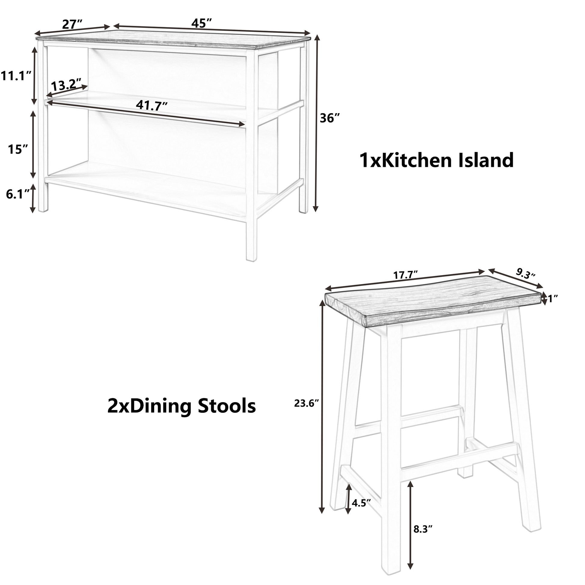 Solid Wood Rustic 3 Piece 45" Stationary Kitchen Island Set With 2 Seatings, Rubber Wood Butcher Block Dining Table Set Prep Table Set With 2 Open Shelves For Small Places,Walnut Cream White Wood Wood Walnut Seats 2 Wood Dining Room Rustic Rubberwood