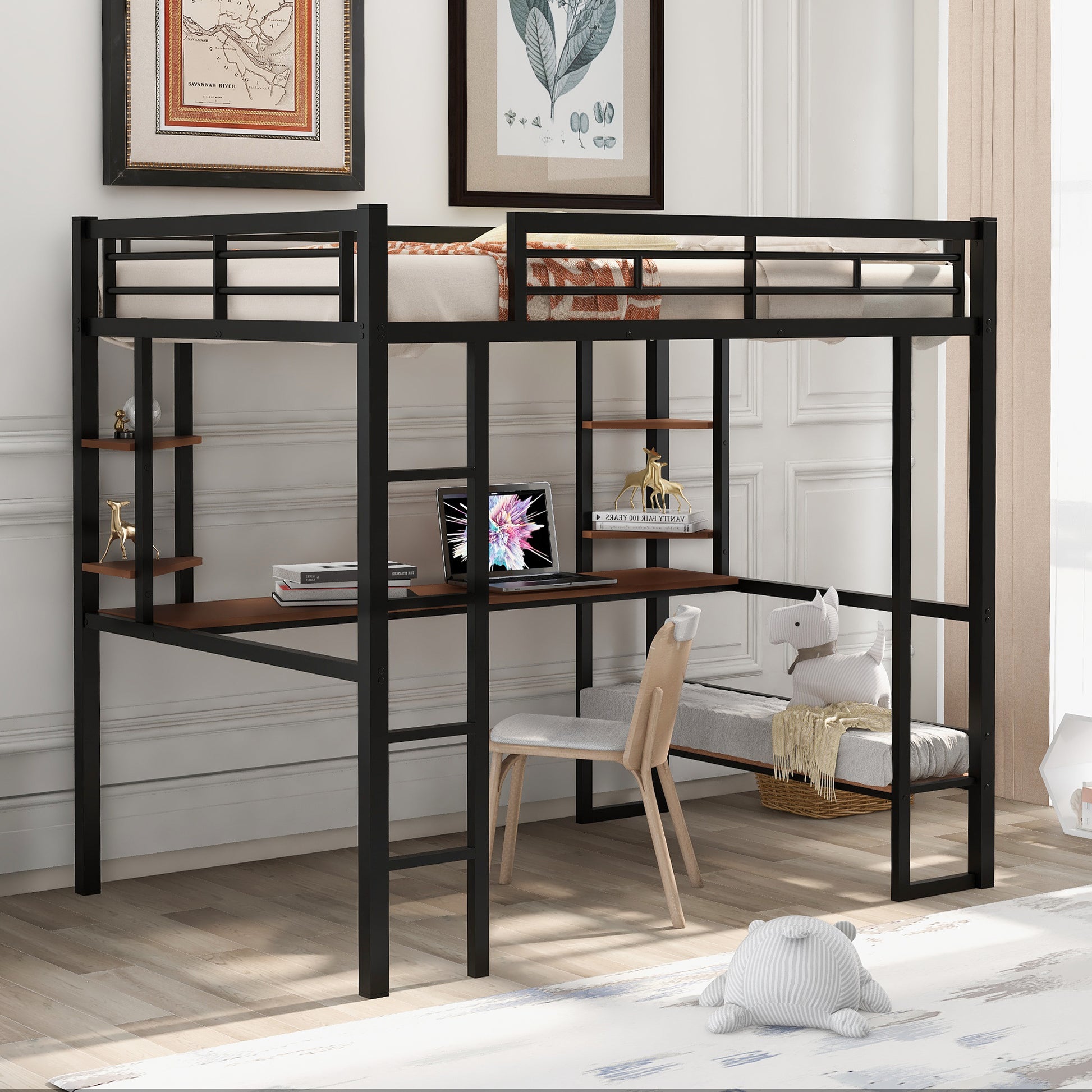 Full Size Loft Metal&Mdf Bed With Long Desk And Shelves,Black Black Metal