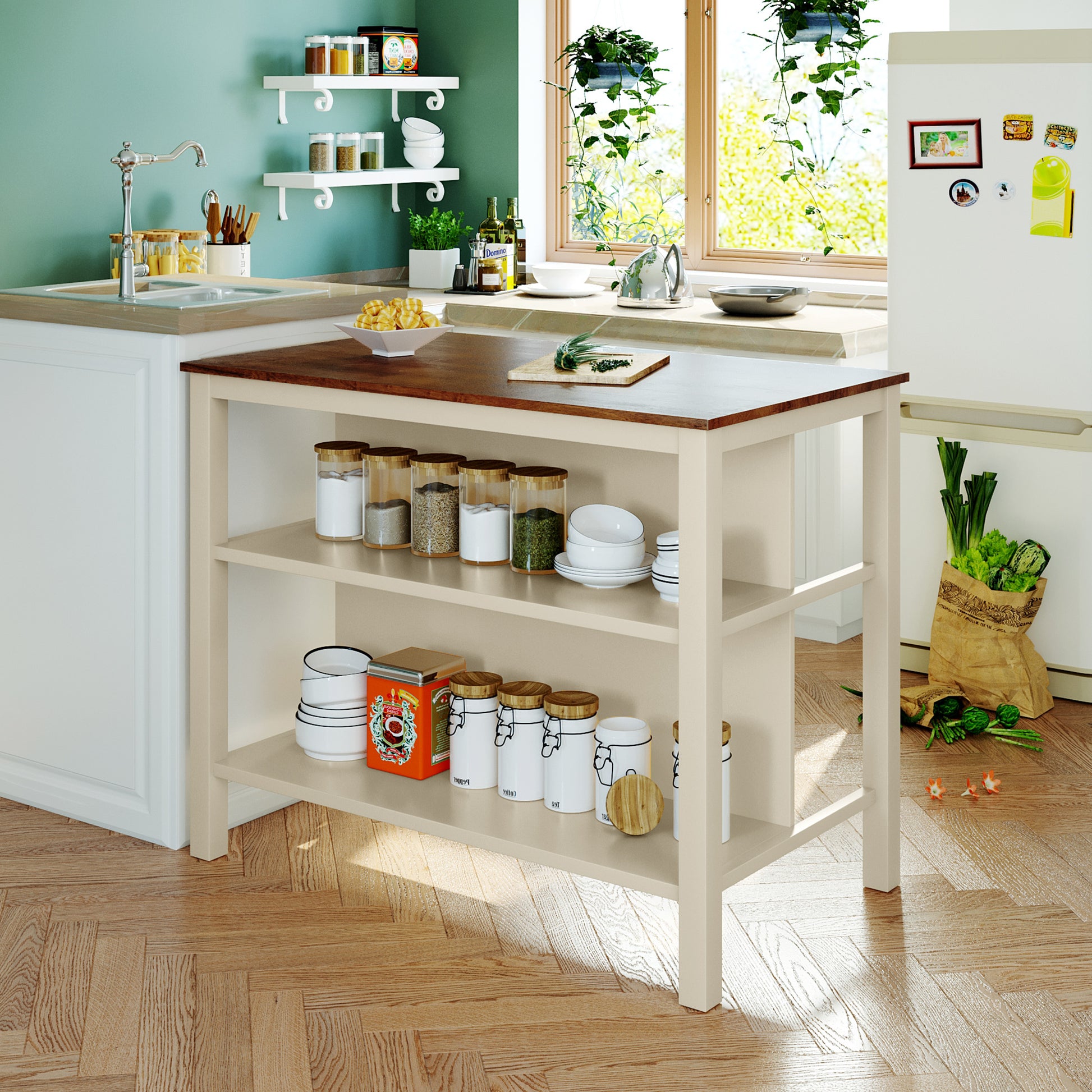 Solid Wood Rustic 3 Piece 45" Stationary Kitchen Island Set With 2 Seatings, Rubber Wood Butcher Block Dining Table Set Prep Table Set With 2 Open Shelves For Small Places,Walnut Cream White Wood Wood Walnut Seats 2 Wood Dining Room Rustic Rubberwood