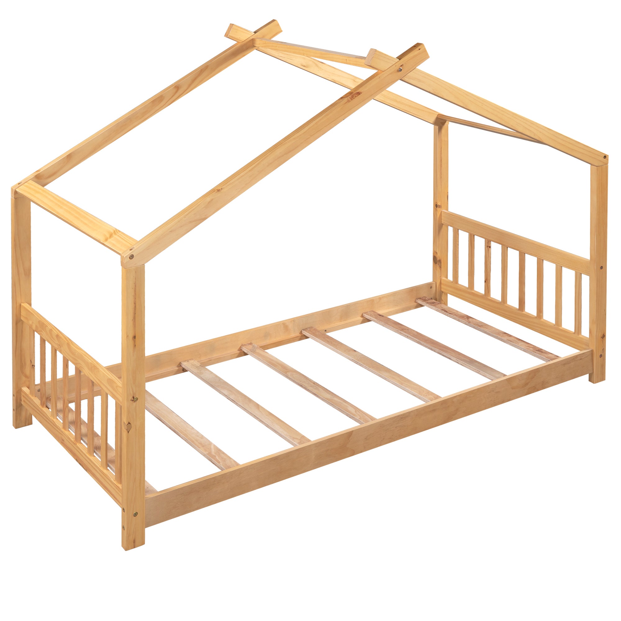 Twin Size House Platform Bed with Headboard and natural-pine