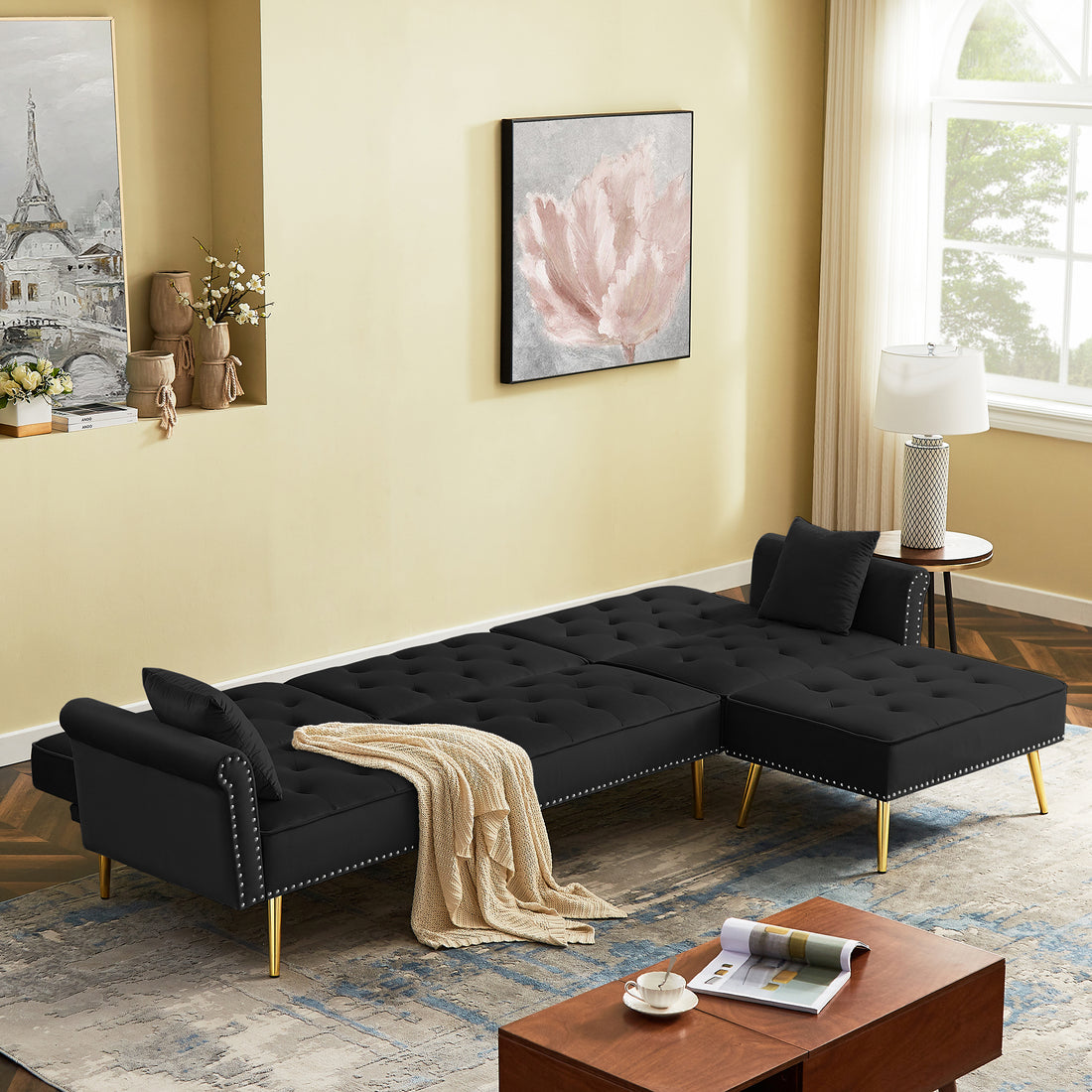 Modern Velvet Upholstered Reversible Sectional Sofa Bedl Shaped Couch With Movable Ottoman And Trim For Living Room. Black Black Velvet Wood Tufted Back Foam Velvet 3 Seat