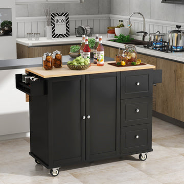 Rolling Mobile Kitchen Island With Solid Wood Top And Locking Wheels,52.7 Inch Width,Storage Cabinet And Drop Leaf Breakfast Bar,Spice Rack, Towel Rack & Drawer Black Black Mdf