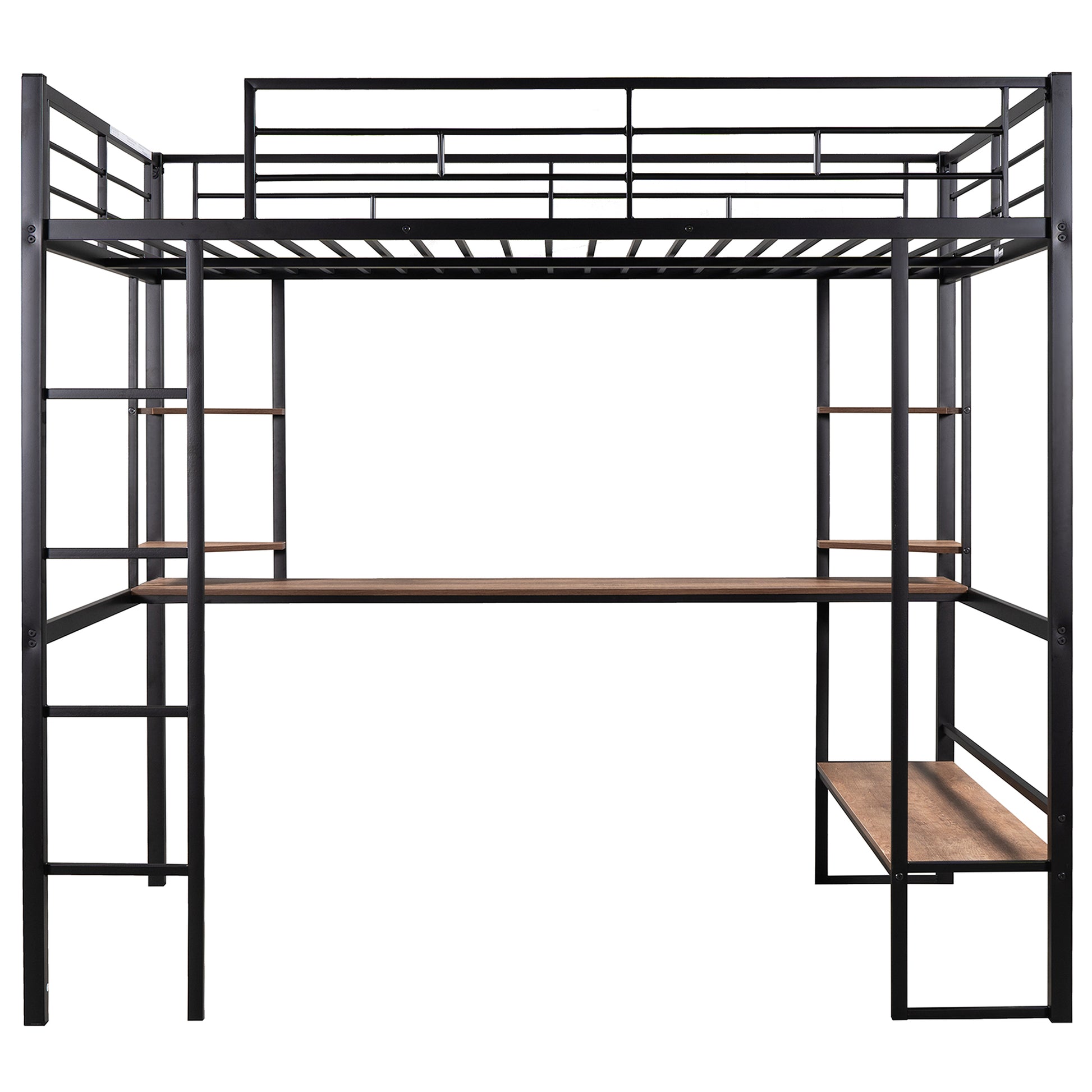 Full Size Loft Metal&Mdf Bed With Long Desk And Shelves,Black Black Metal