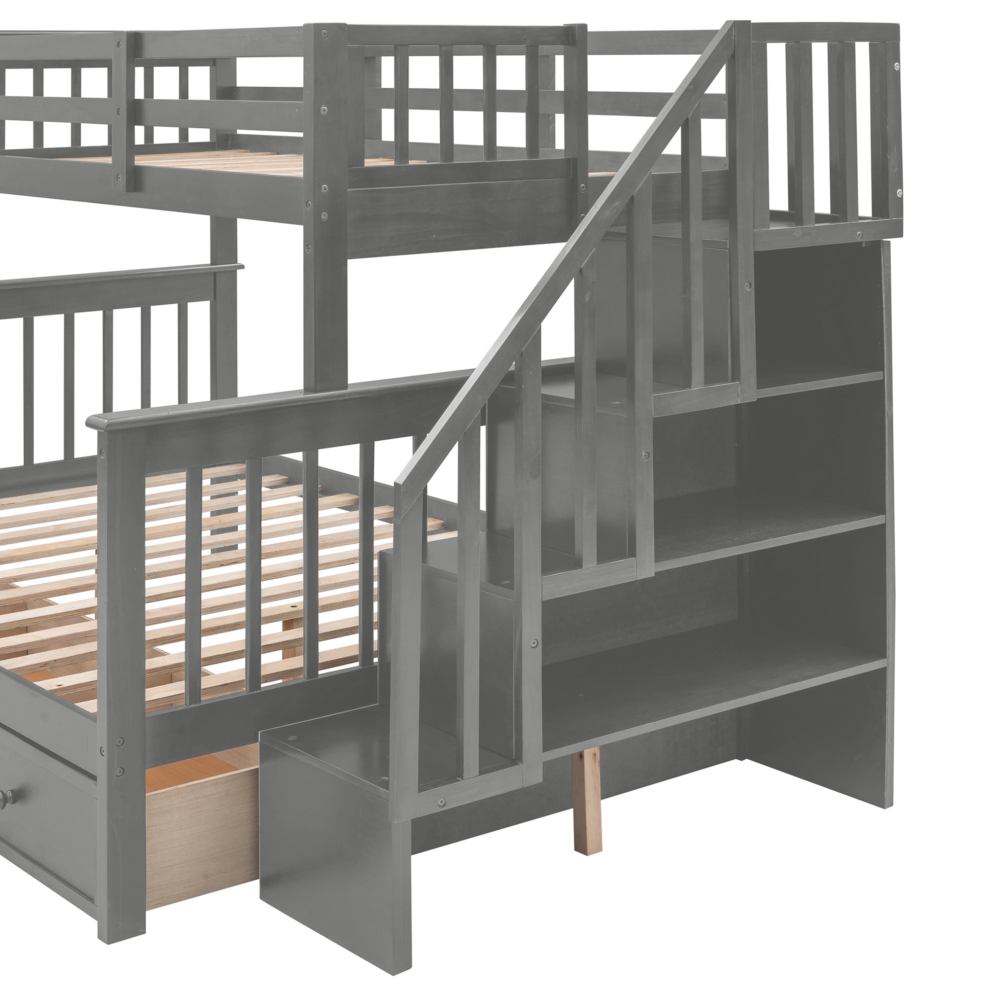 Stairway Twin Over Full Bunk Bed With Drawer, Storage And Guard Rail For Bedroom, Dorm, For Adults, Gray Color Old Sku: Lp000219Aae Gray Solid Wood