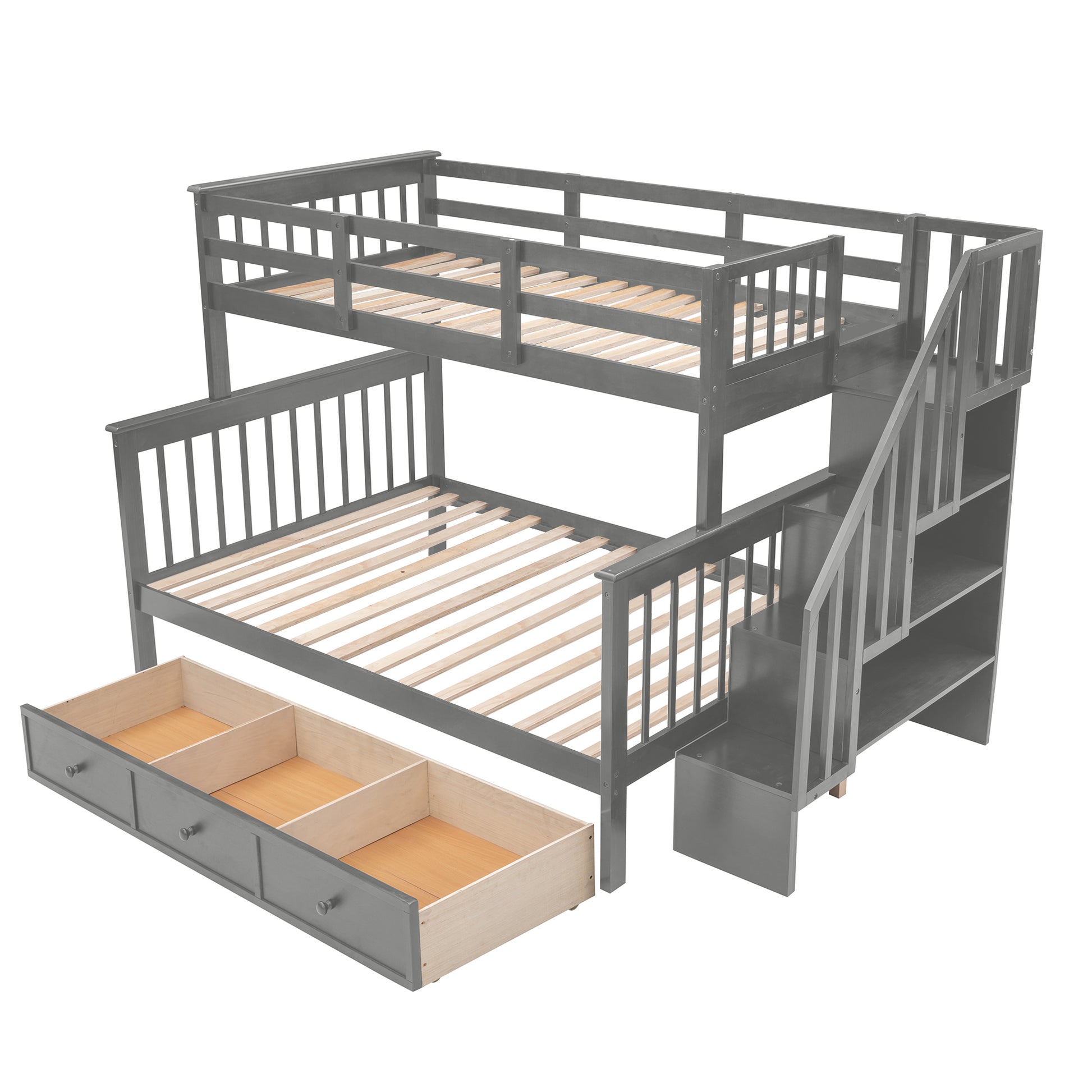 Stairway Twin Over Full Bunk Bed With Drawer, Storage And Guard Rail For Bedroom, Dorm, For Adults, Gray Color Old Sku: Lp000219Aae Gray Solid Wood