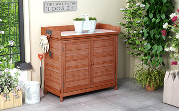 Outdoor 39" Potting Bench Table, Rustic Garden Wood Workstation Storage Cabinet Garden Shed With 2 Tier Shelves And Side Hook, Orange Orange Garden & Outdoor Casual Wood Solid Wood