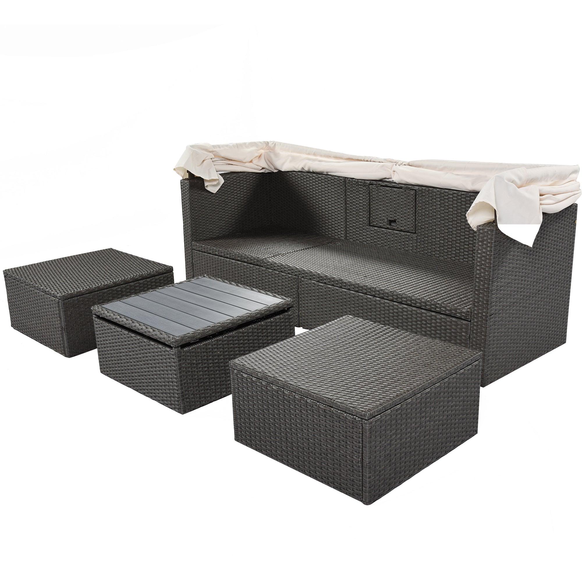 U Style Outdoor Patio Rectangle Daybed with beige-rattan