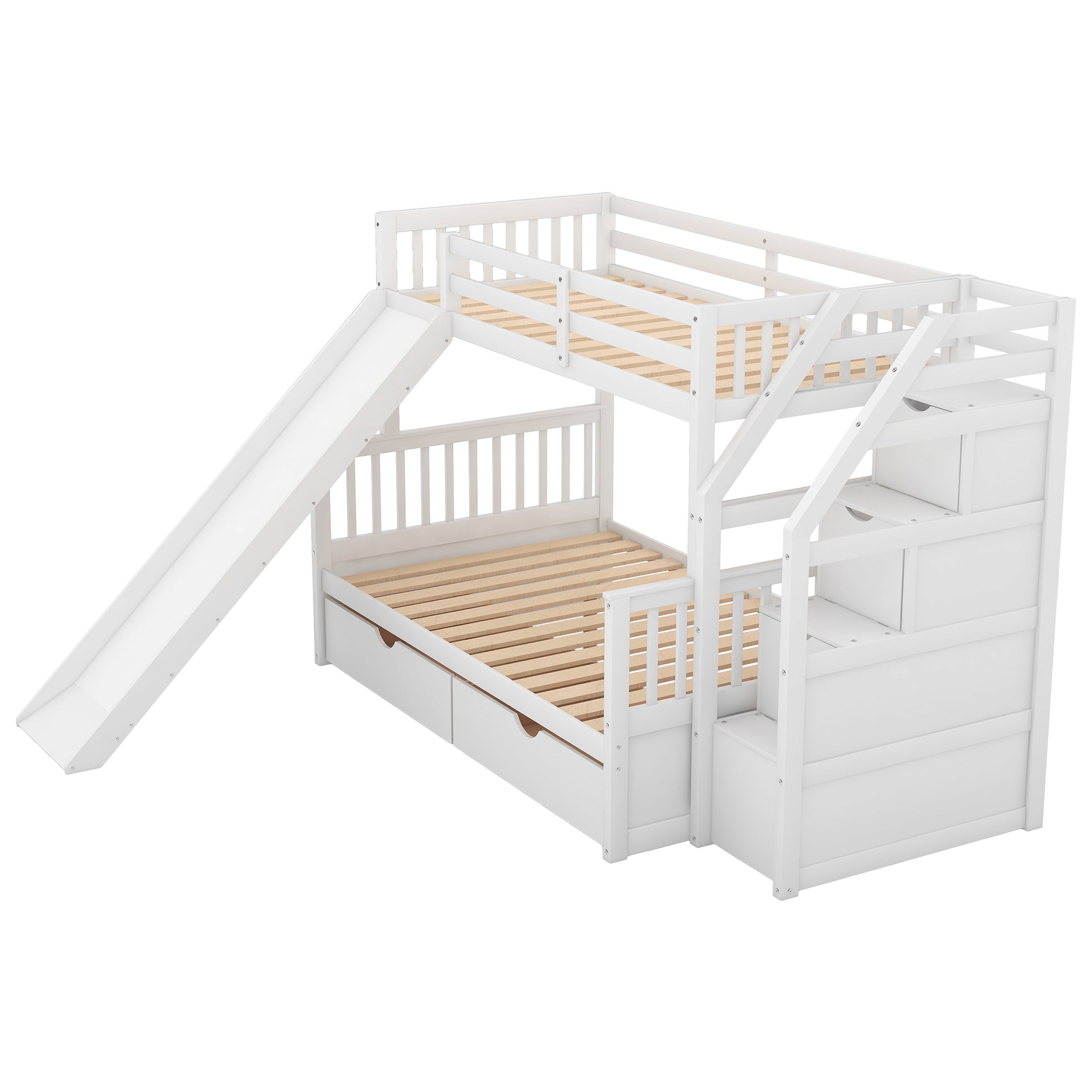 Twin Over Full Bunk Bed With Drawers,Storage And Slide, Multifunction, White Twin Box Spring Not Required White Pine