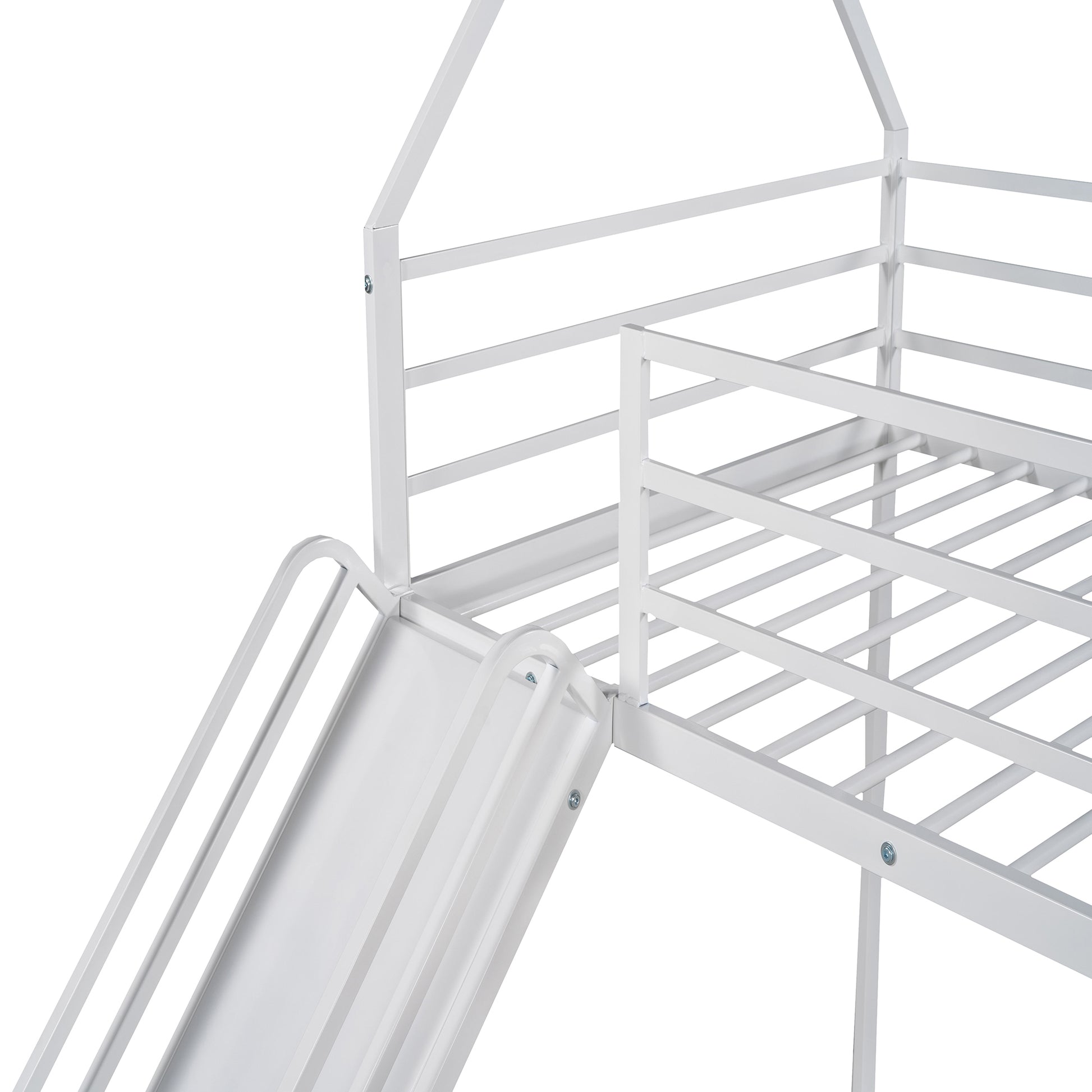 Twin Over Twin House Bunk Bed With Ladder And Slide,White White Metal