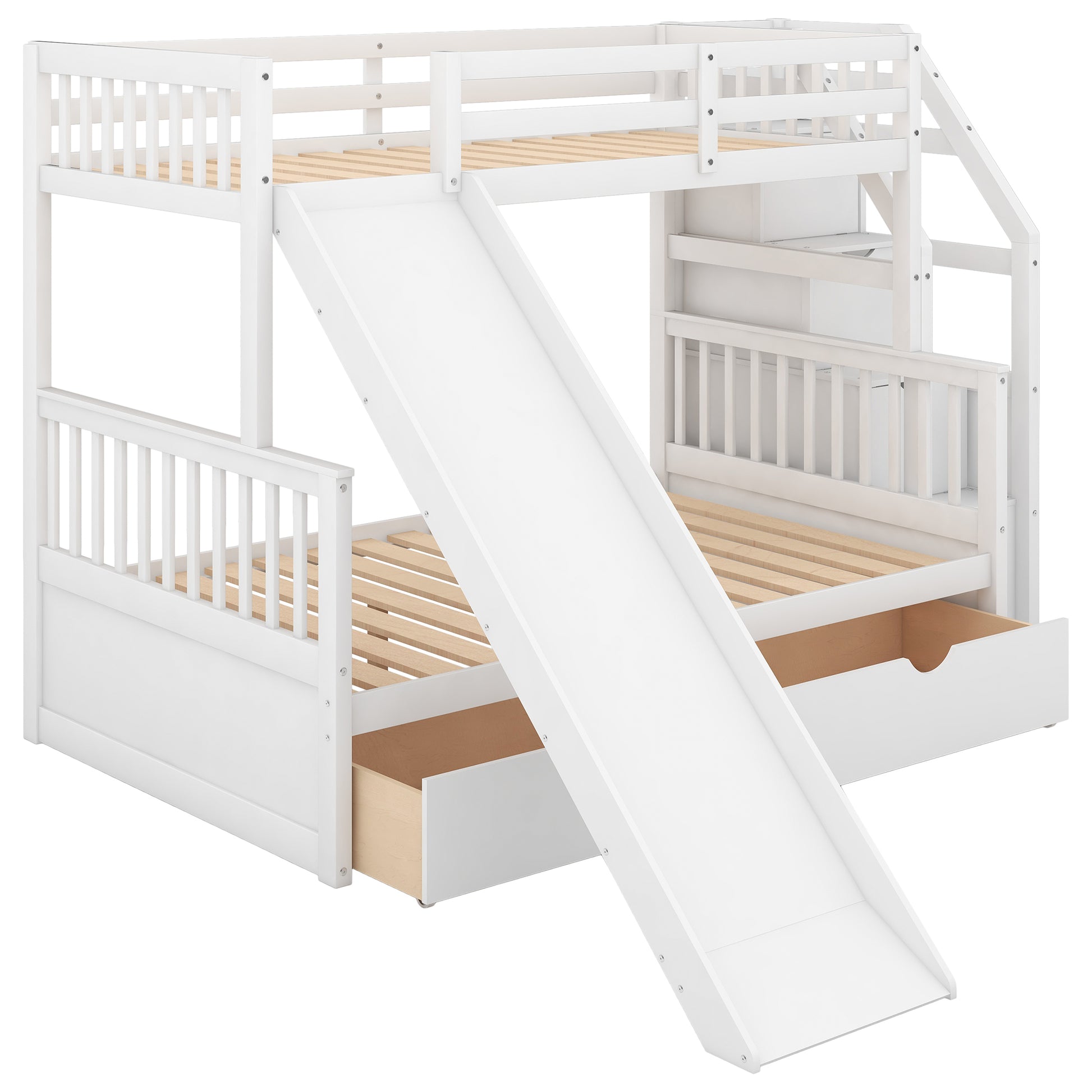 Twin Over Full Bunk Bed With Drawers,Storage And Slide, Multifunction, White Twin Box Spring Not Required White Pine