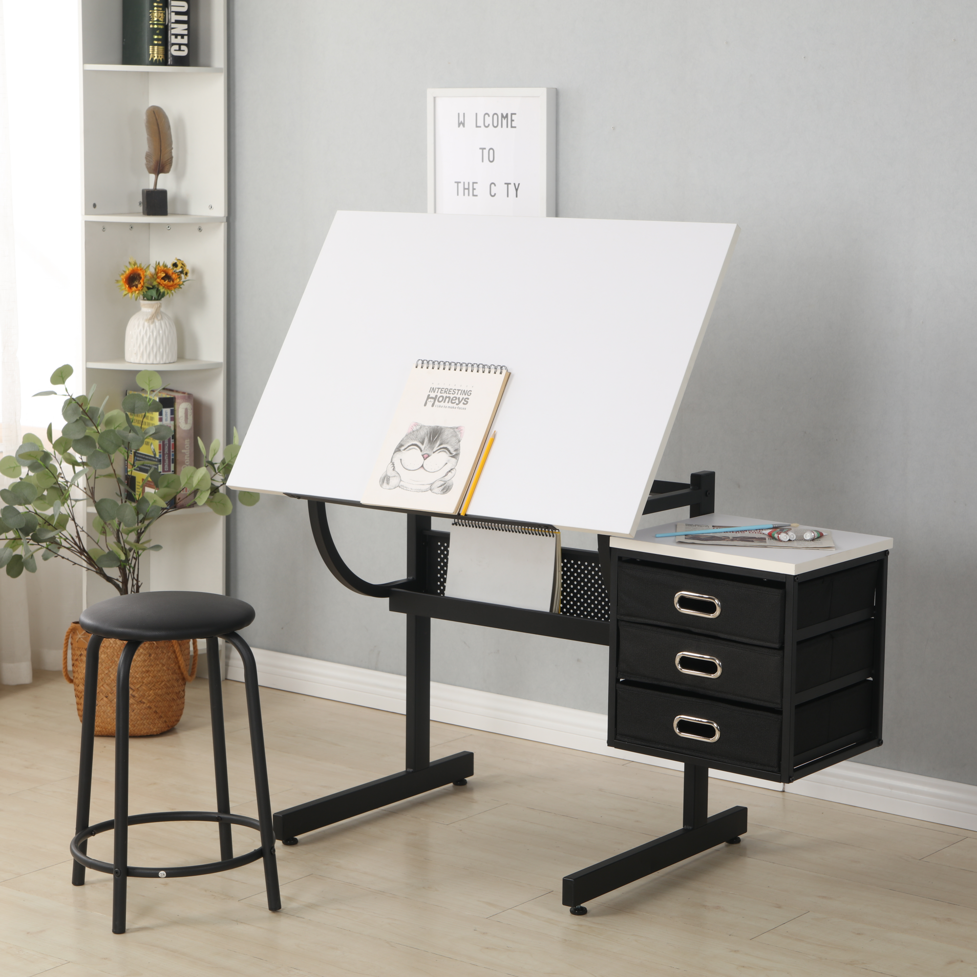 White adjustable drafting drawing table with