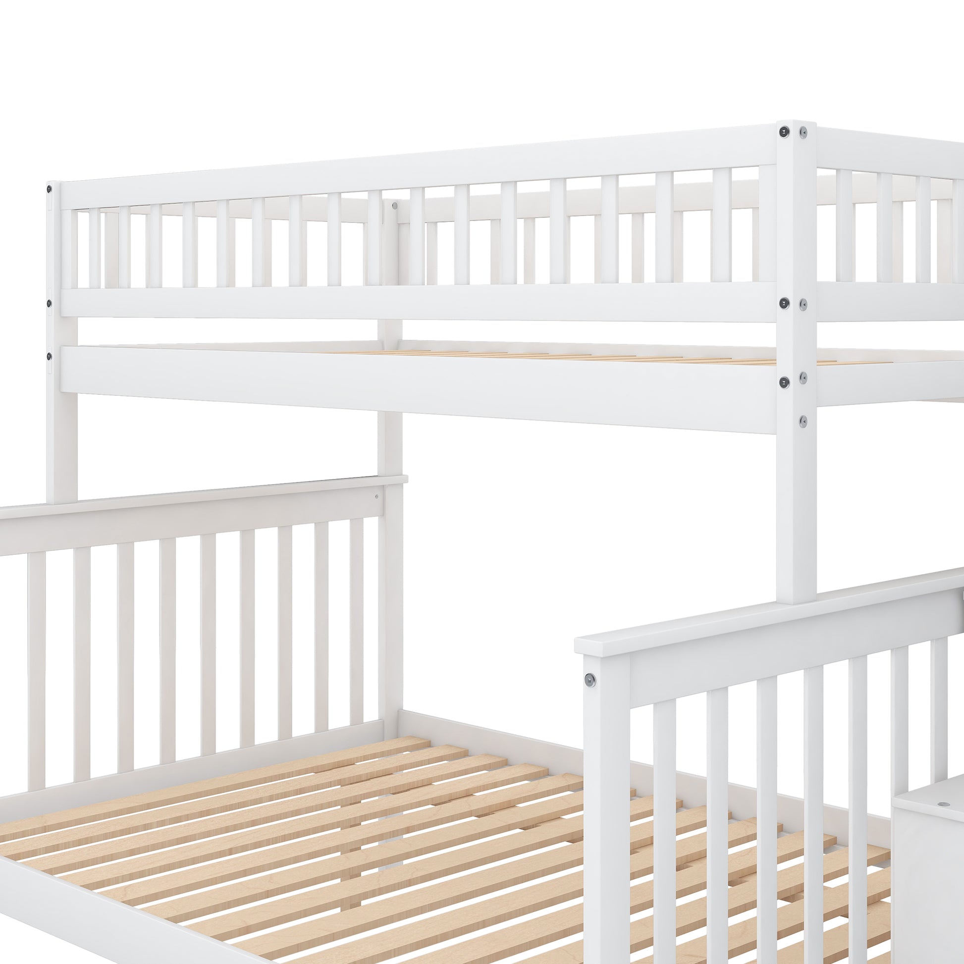 Twin Over Full Bunk Bed With Trundle And Staircase,White Twin White Pine