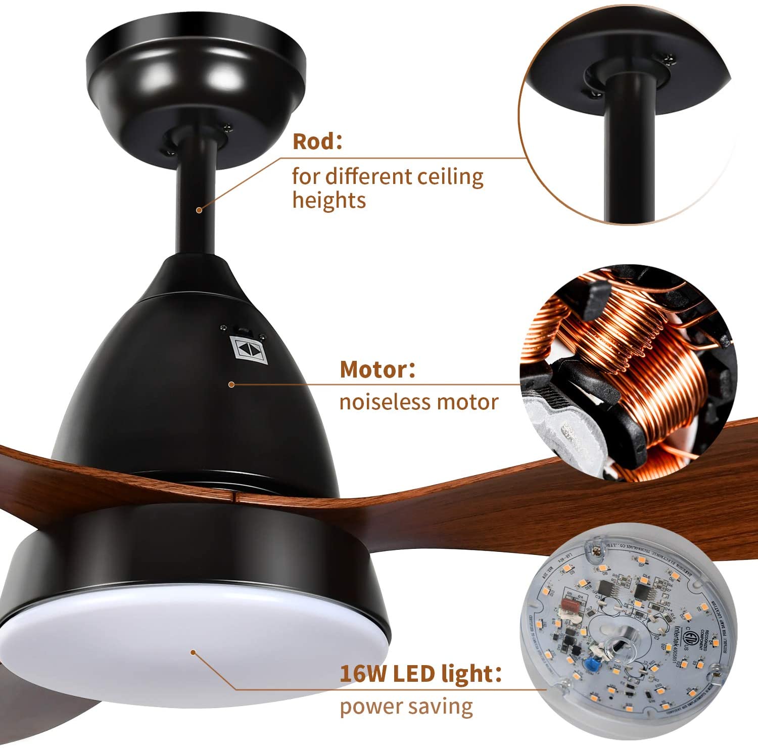 Ankee Ceiling Fans, 52'' Ceiling Fan With Led Frosted Light And Remote Control, Brushed Nickel Finish Blades For Living Room Kitchen Bedroom Dining Room, Brown Black Brown Solid Wood