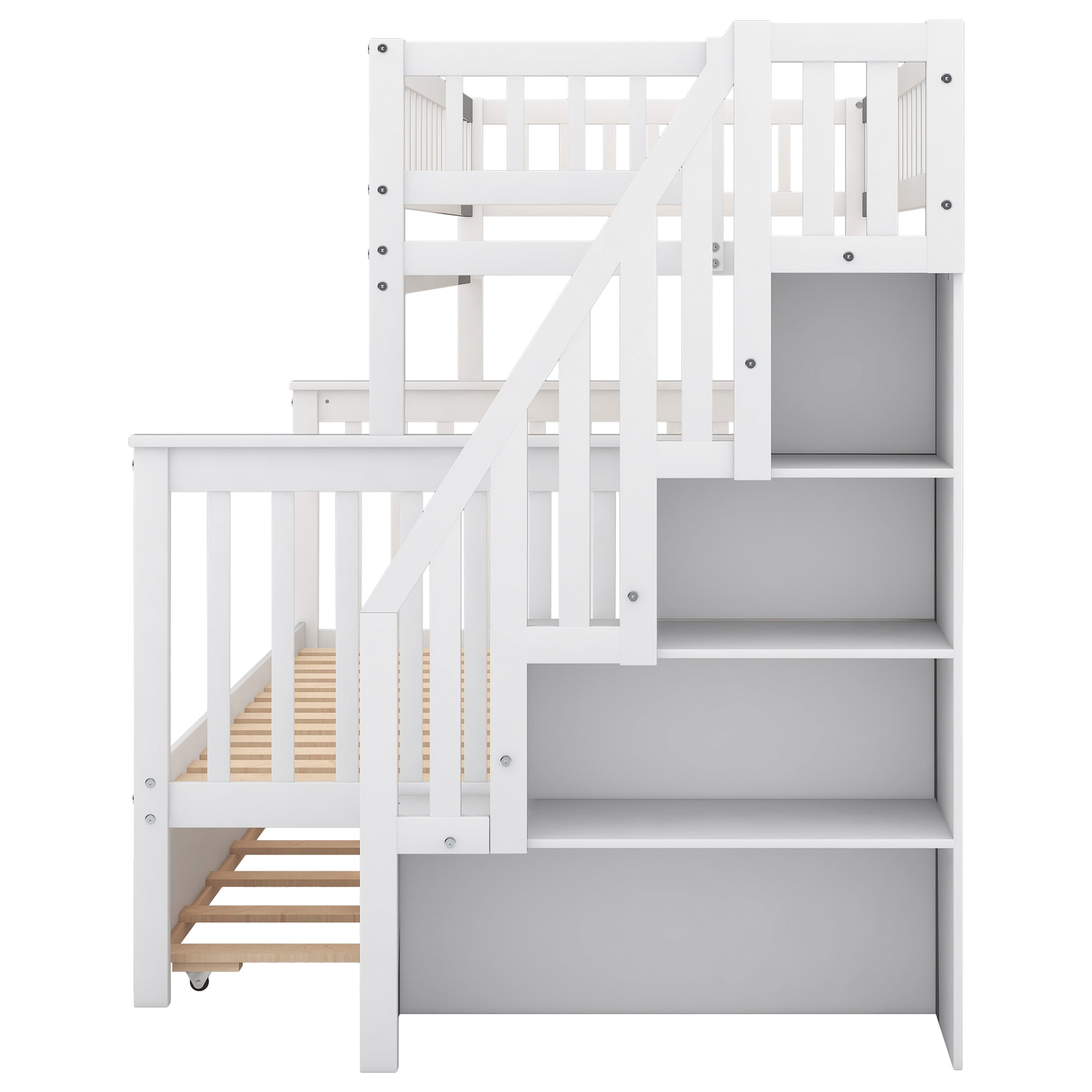 Twin Over Full Bunk Bed With Trundle And Staircase,White Twin White Pine