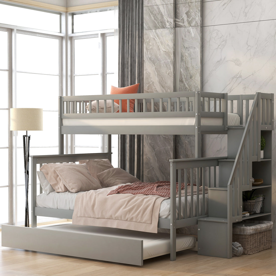 Twin Over Full Bunk Bed With Trundle And Staircase,Gray Twin Gray Pine