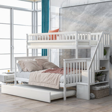 Twin Over Full Bunk Bed With Trundle And Staircase,White Twin White Pine