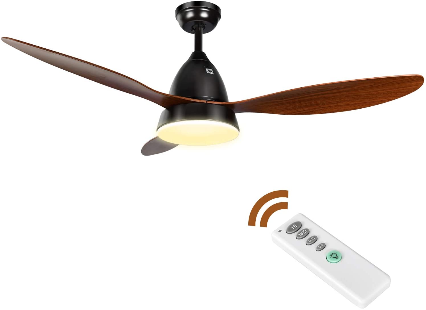 Ankee Ceiling Fans, 52'' Ceiling Fan With Led Frosted Light And Remote Control, Brushed Nickel Finish Blades For Living Room Kitchen Bedroom Dining Room, Brown Black Brown Solid Wood