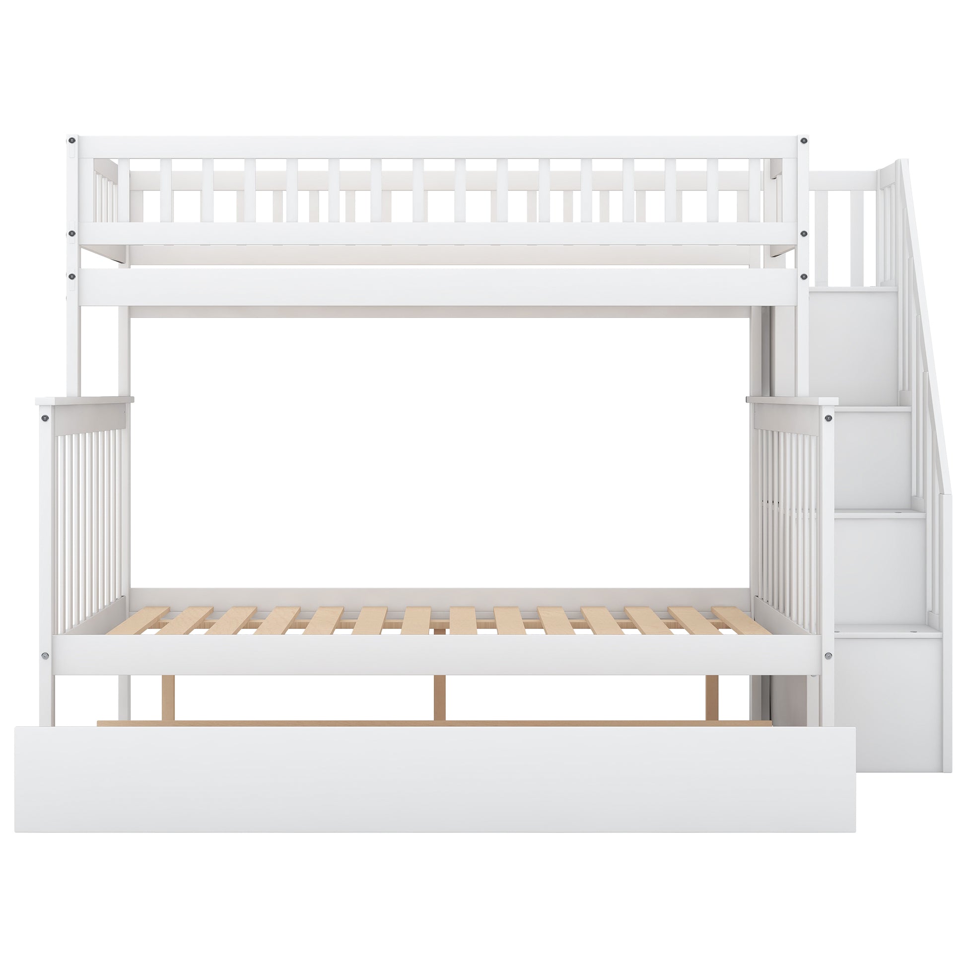 Twin Over Full Bunk Bed With Trundle And Staircase,White Twin White Pine