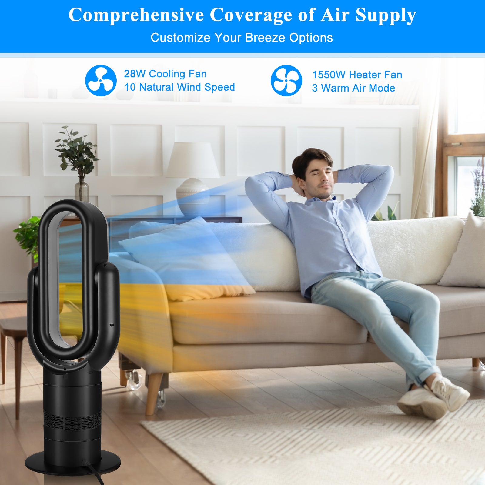 Healsmart 26 Inch Space Heater Bladeless Tower Fan, Heater & Coolingn Combo, With Remote Control, For Home Air Conditioner, Black Black Abs