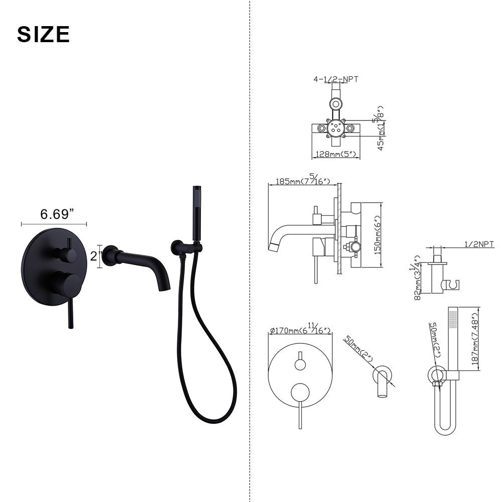 2 Handle Tub Spot Wall Mount Rain Mixer Shower Faucet Tub And Shower Faucet With Hand Shower In Black Valve Included Matte Black Brass