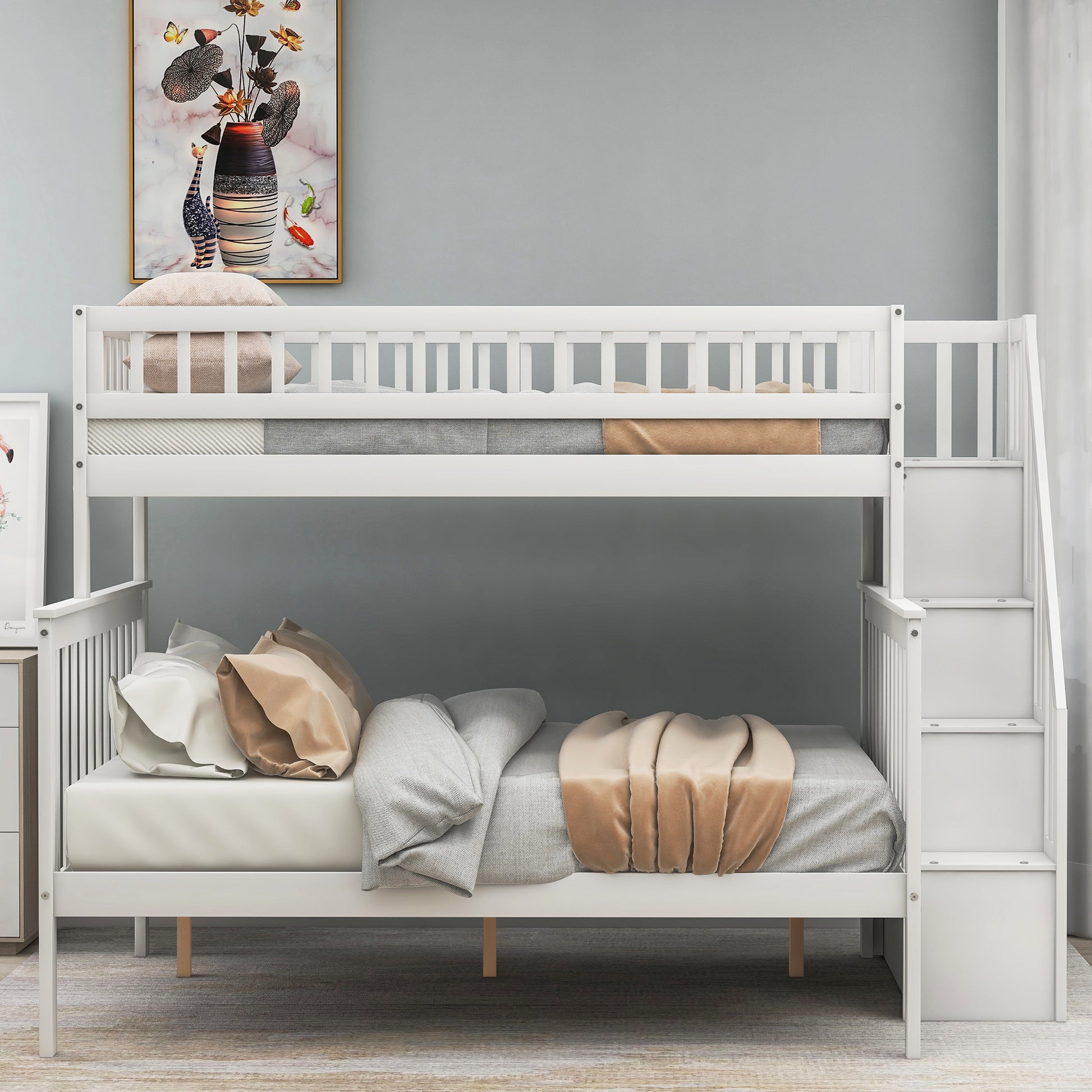 Twin Over Full Stairway Bunk Bed With Storage, White Twin White Pine