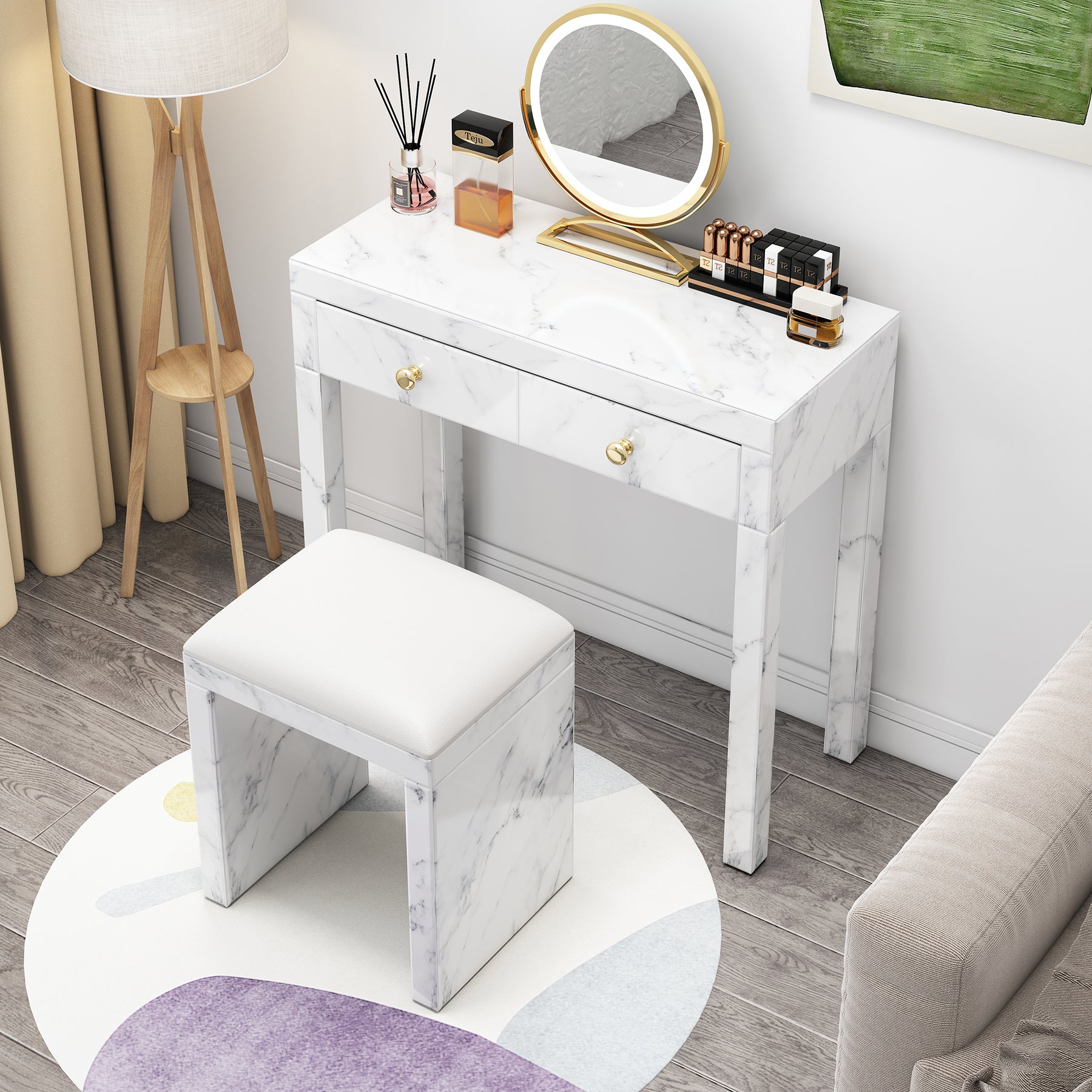 Tempered Glass Marble Texture Dressing Table White Glass