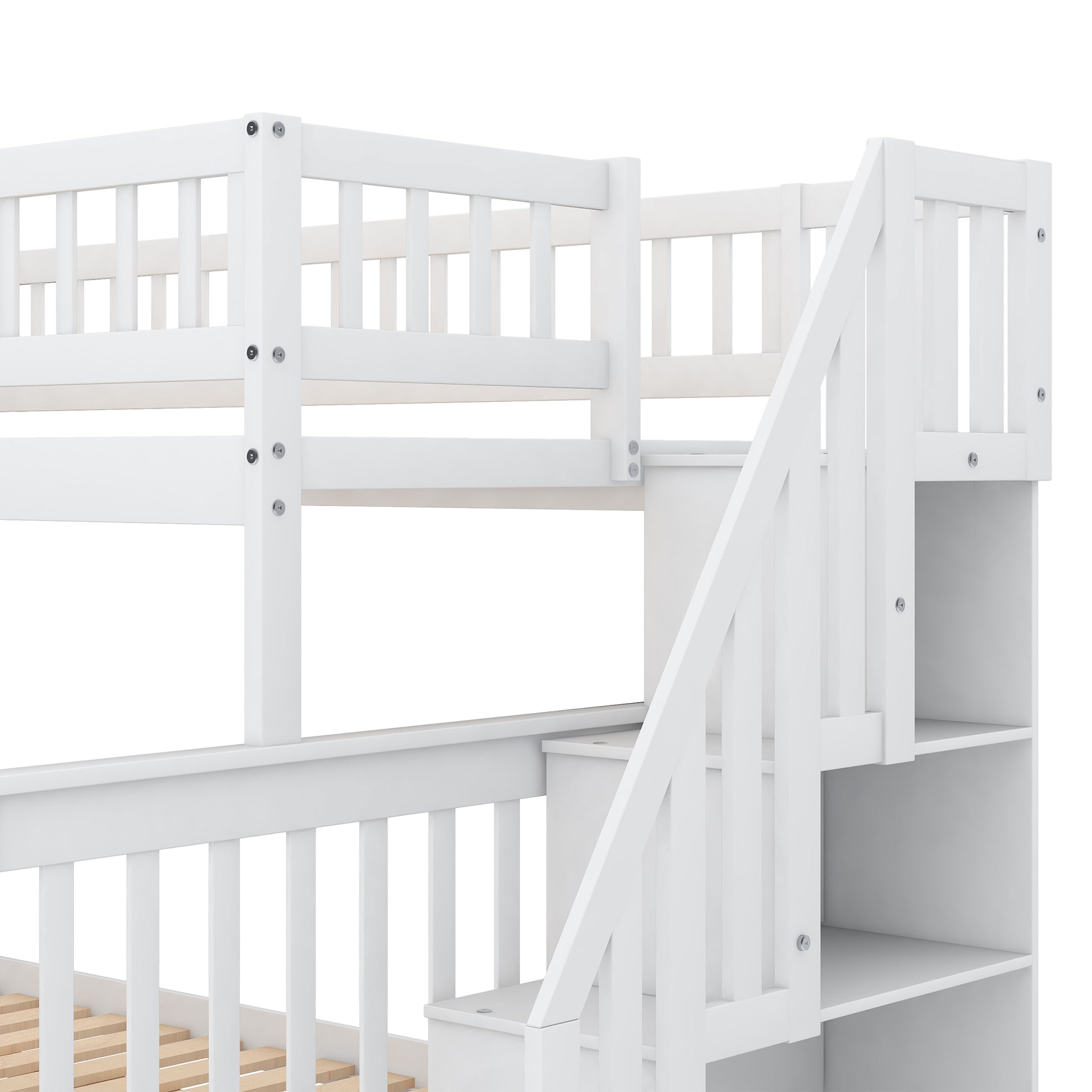 Twin Over Full Stairway Bunk Bed With Storage, White Twin White Pine