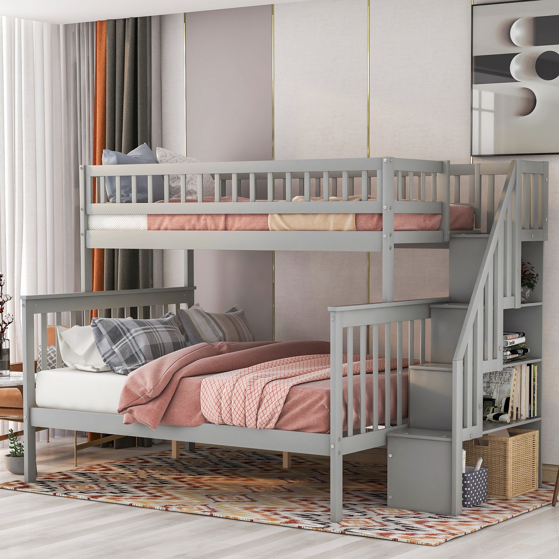 Twin Over Full Stairway Bunk Bed With Storage, Gray Twin Gray Pine