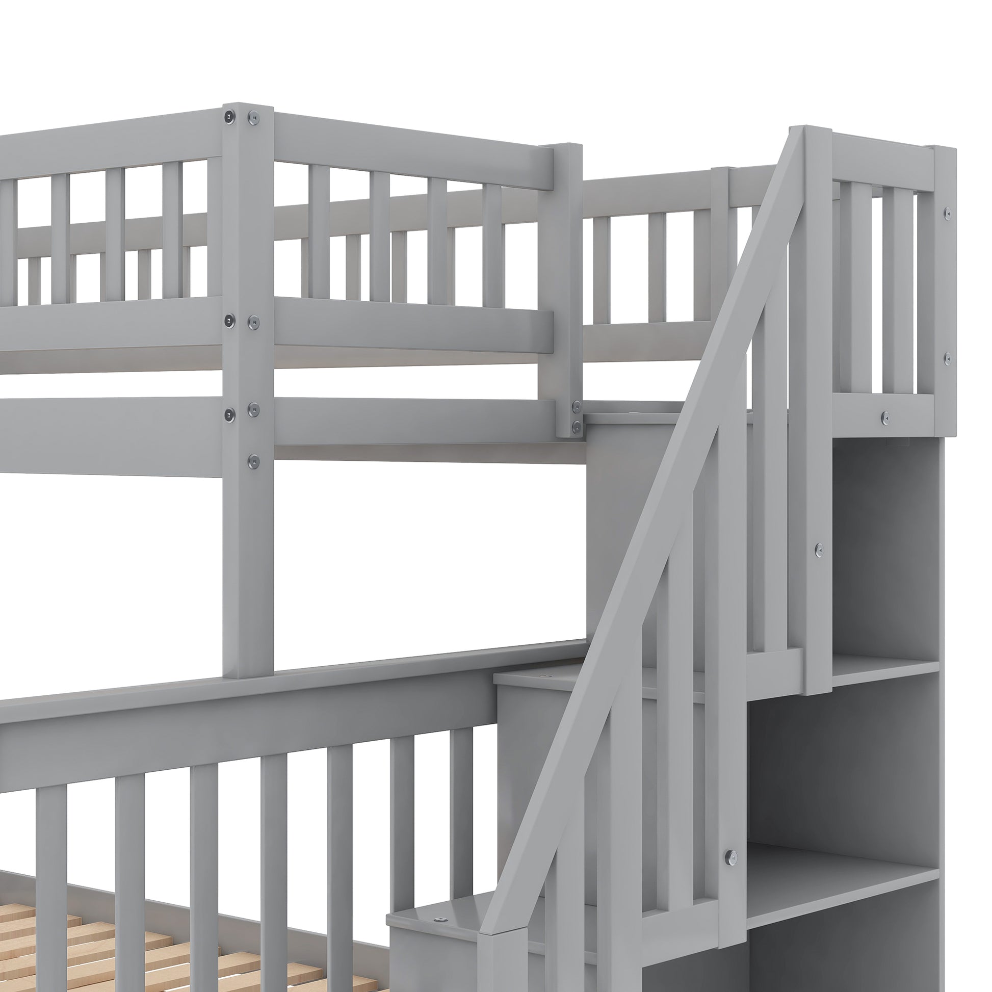 Twin Over Full Stairway Bunk Bed With Storage, Gray Twin Gray Pine