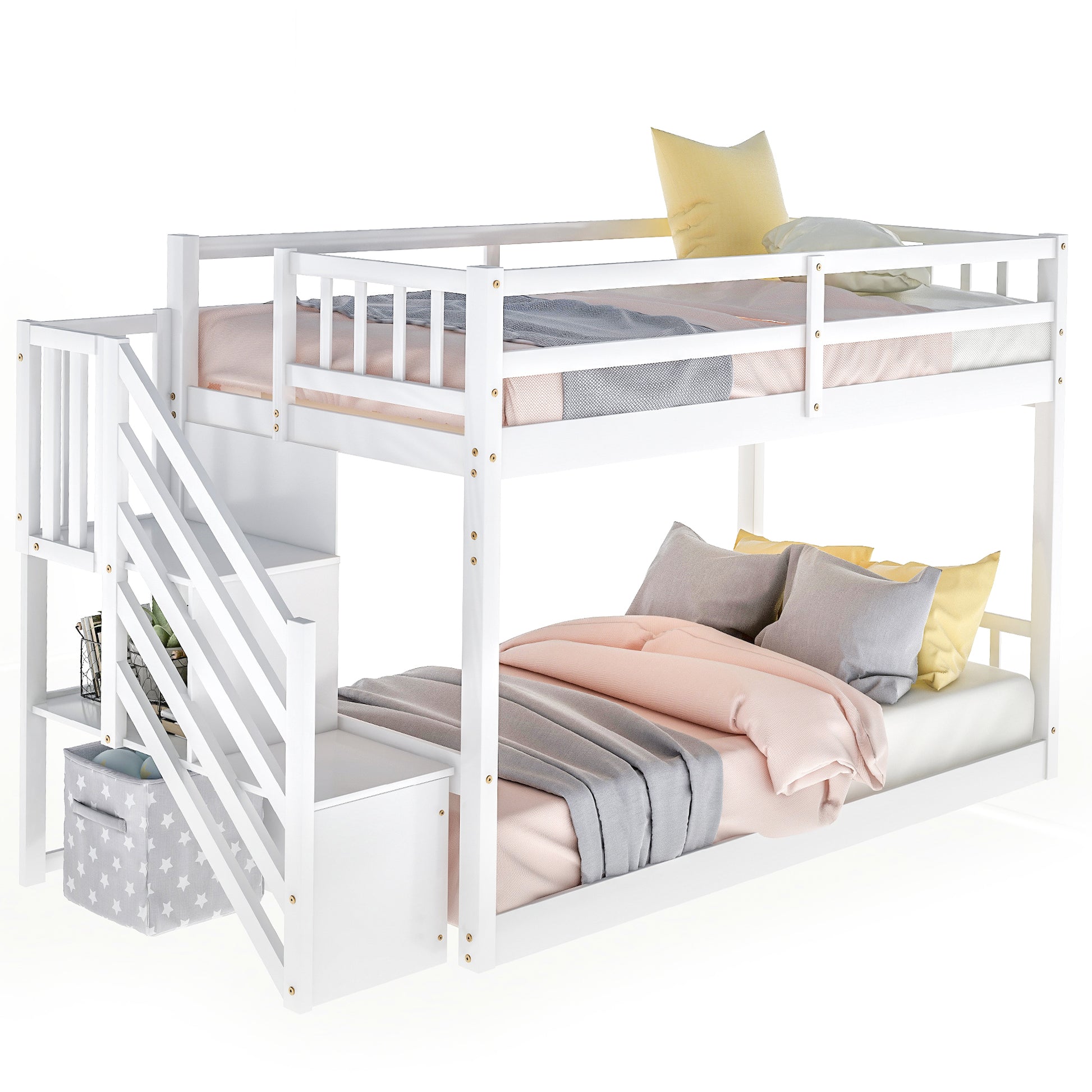 Twin Over Twin Floor Bunk Bed, Ladder With Storage, White Twin White Pine