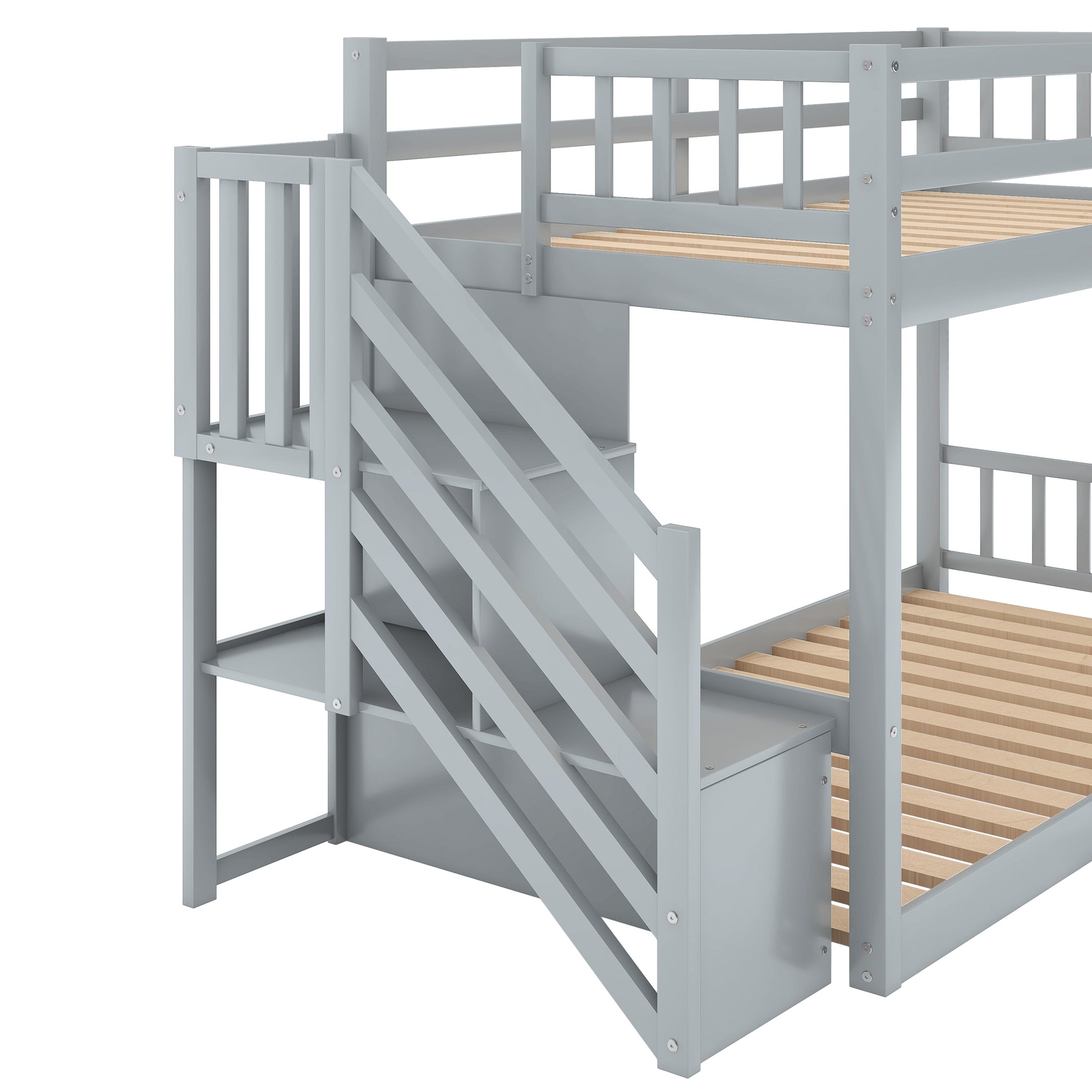 Twin Over Twin Floor Bunk Bed, Ladder With Storage, Gray Twin Gray Pine