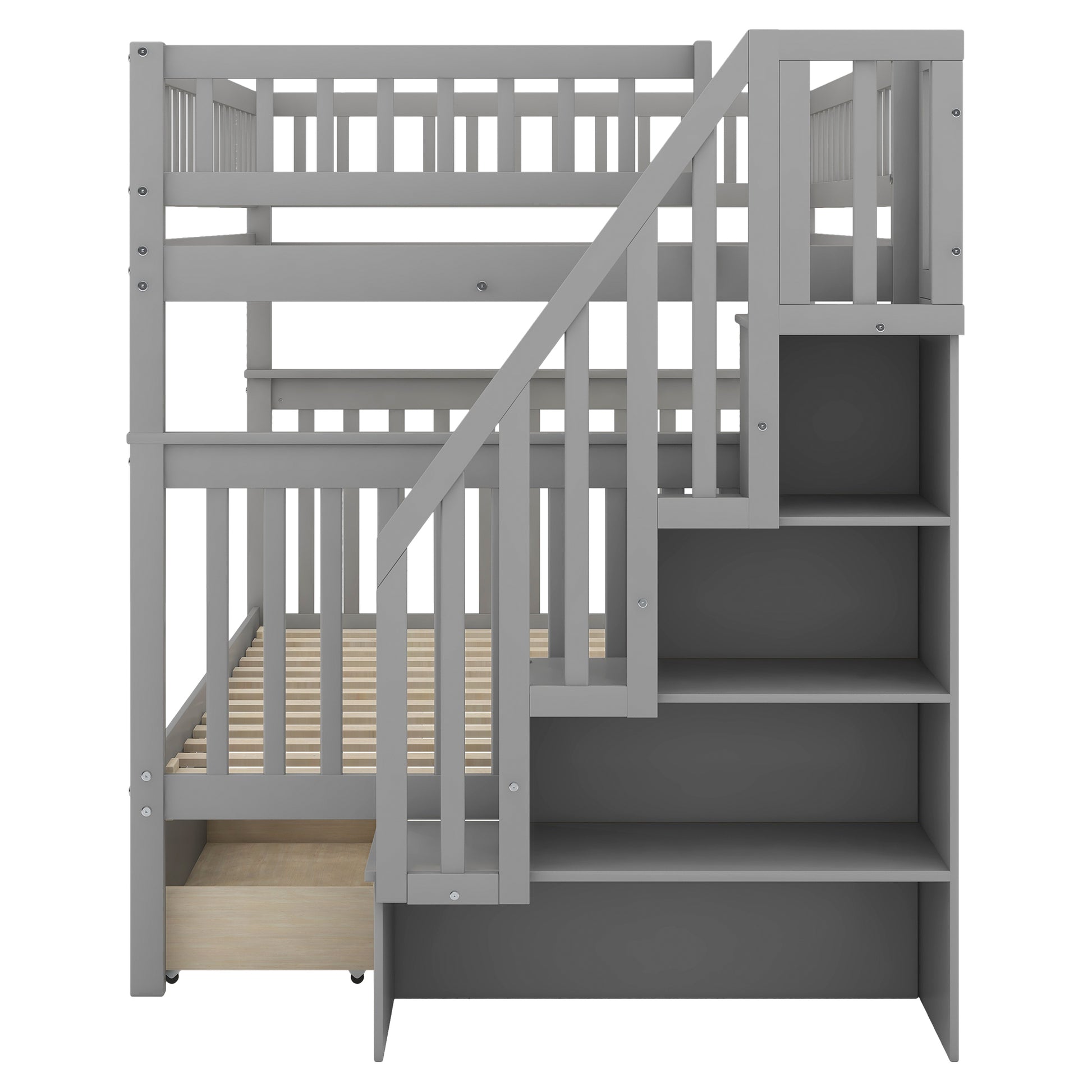 Full Over Full Bunk Bed With Two Drawers And Storage, Gray Gray Pine