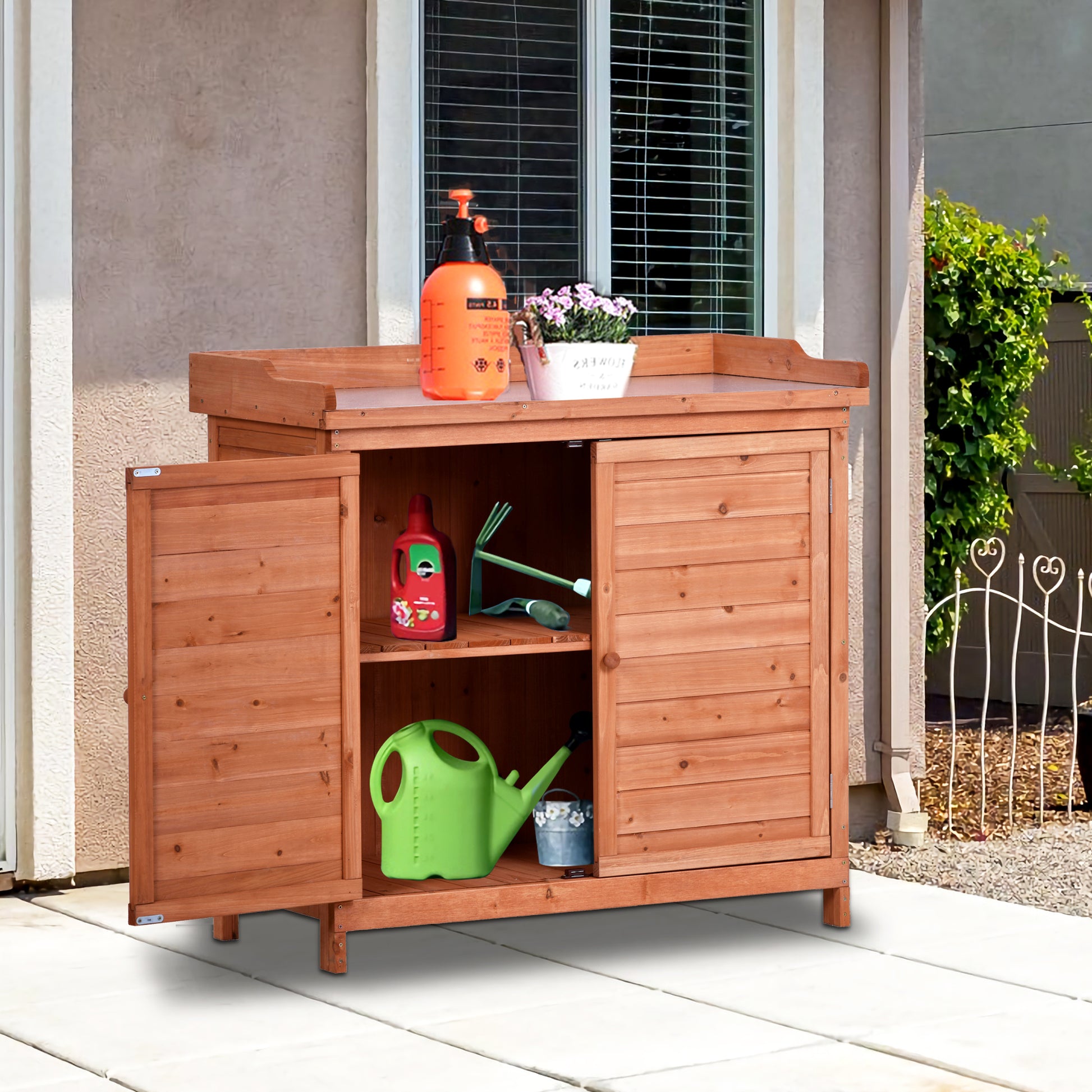 Outdoor 39" Potting Bench Table, Rustic Garden Wood Workstation Storage Cabinet Garden Shed With 2 Tier Shelves And Side Hook, Orange Orange Garden & Outdoor Casual Wood Solid Wood
