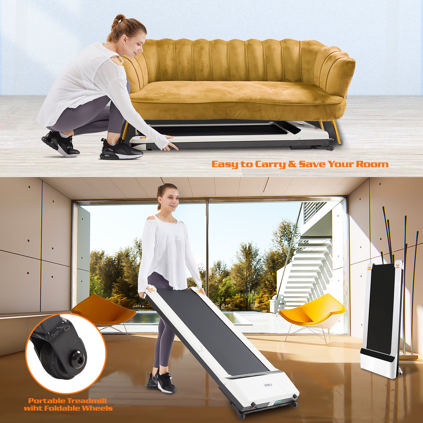 Portable Treadmill Under Desk Walking Pad Flat Slim white-steel