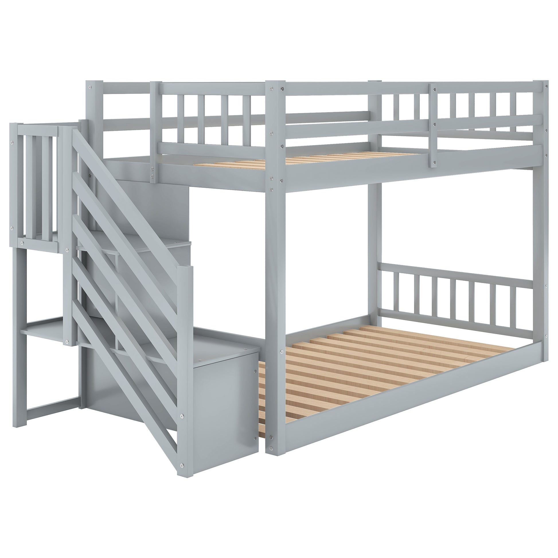 Twin Over Twin Floor Bunk Bed, Ladder With Storage, Gray Twin Gray Pine