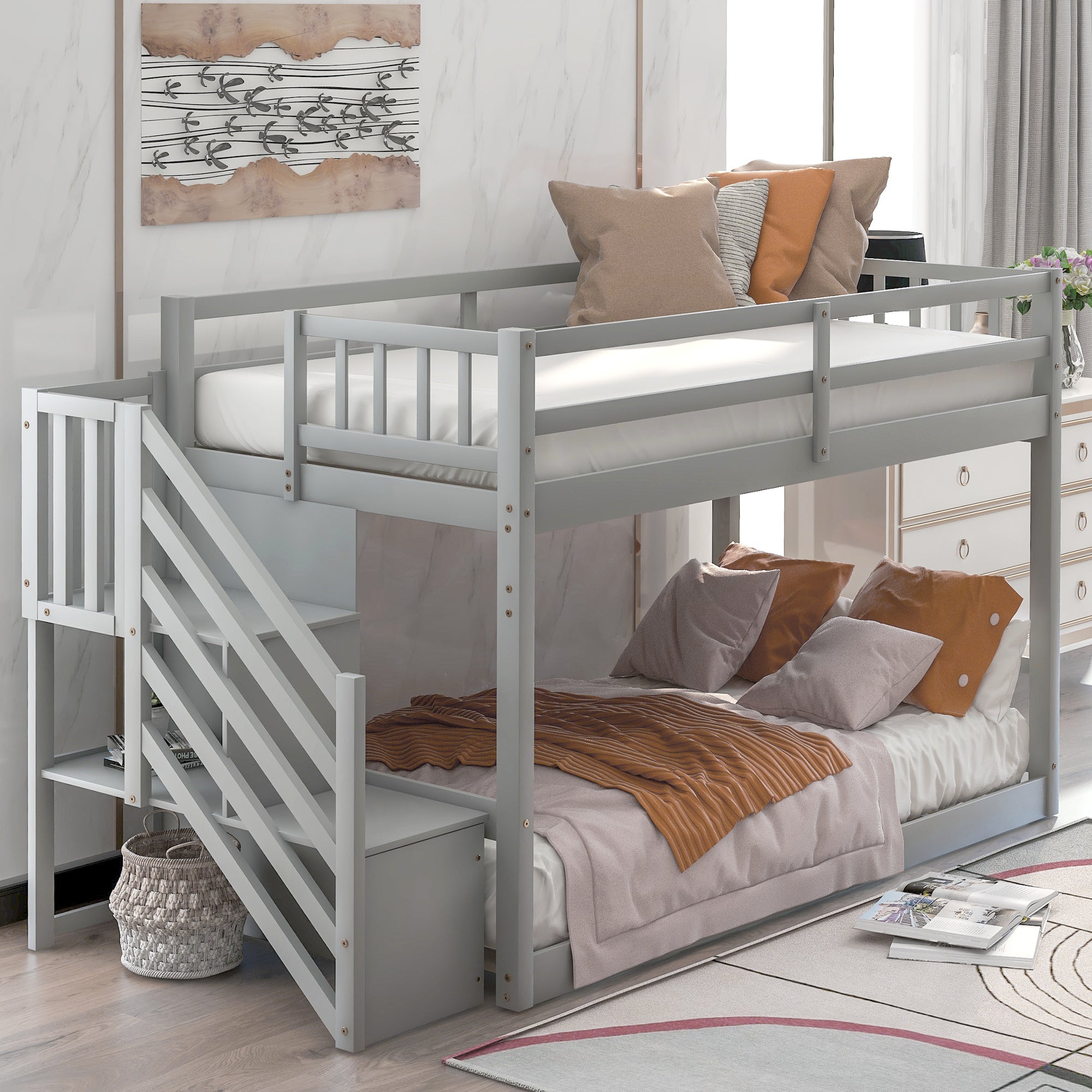 Twin Over Twin Floor Bunk Bed, Ladder With Storage, Gray Twin Gray Pine