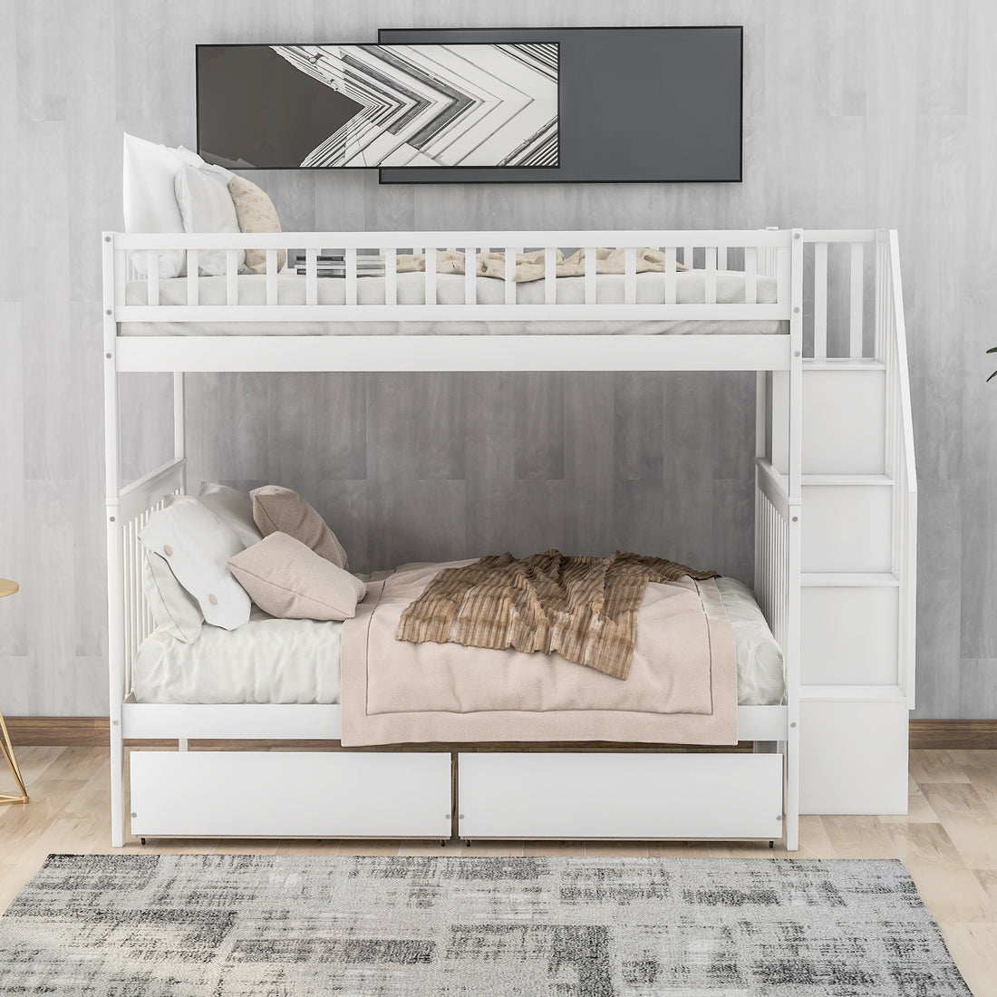 Full Over Full Bunk Bed With Two Drawers And Storage, White White Pine