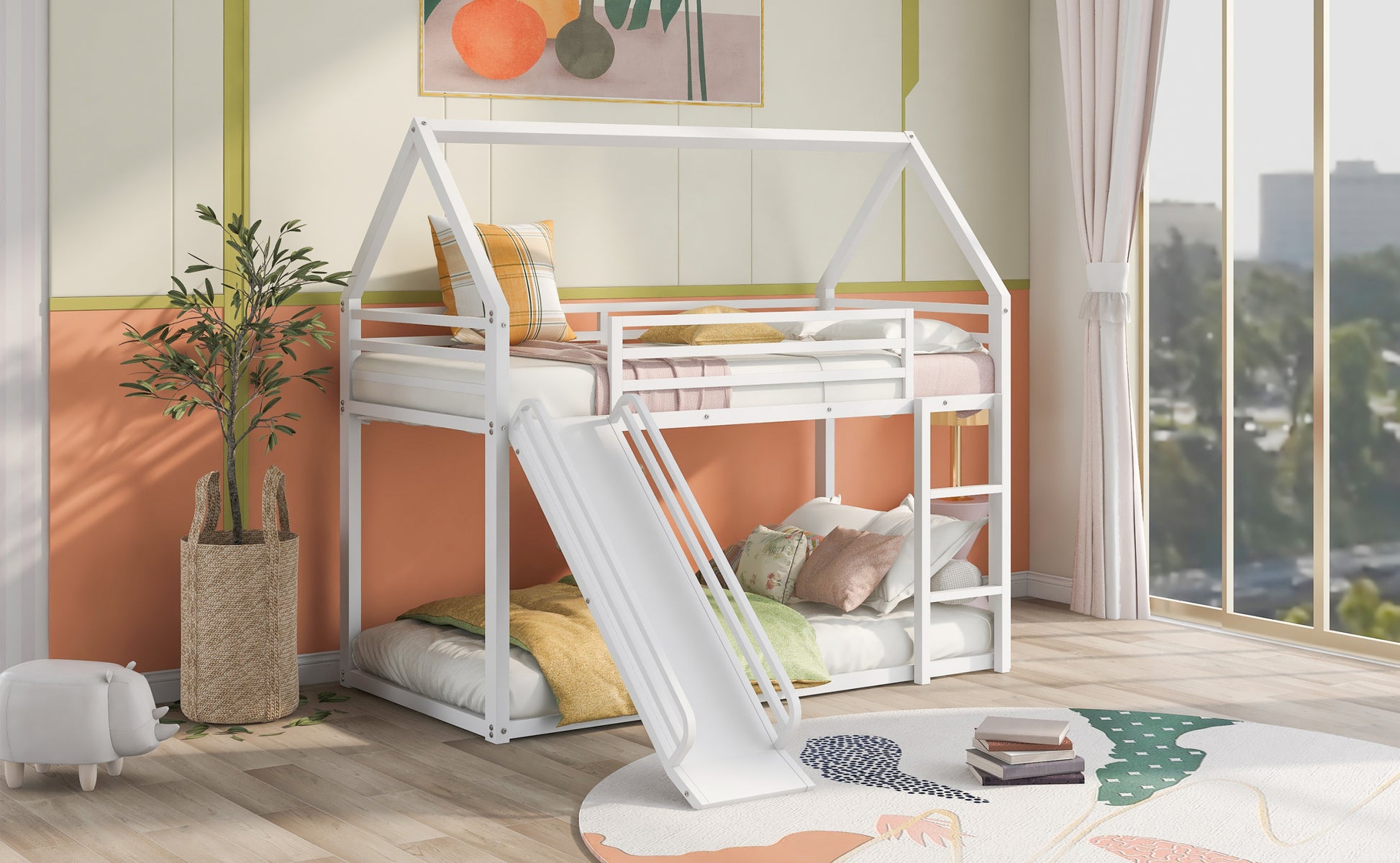 Twin Over Twin House Bunk Bed With Ladder And Slide,White White Metal